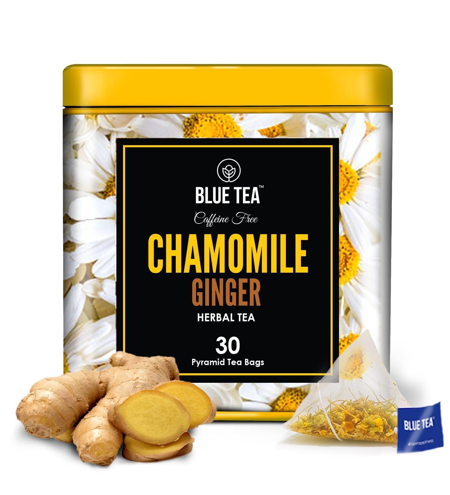 BLUE TEA - Chamomile Ginger Herbal Tea - 30 Tea Bags | CAFFEINE FREE | Gluten Free - Non-GMO | Eco-Conscious Tin Packaging - Buy Online on SooperMarket.com