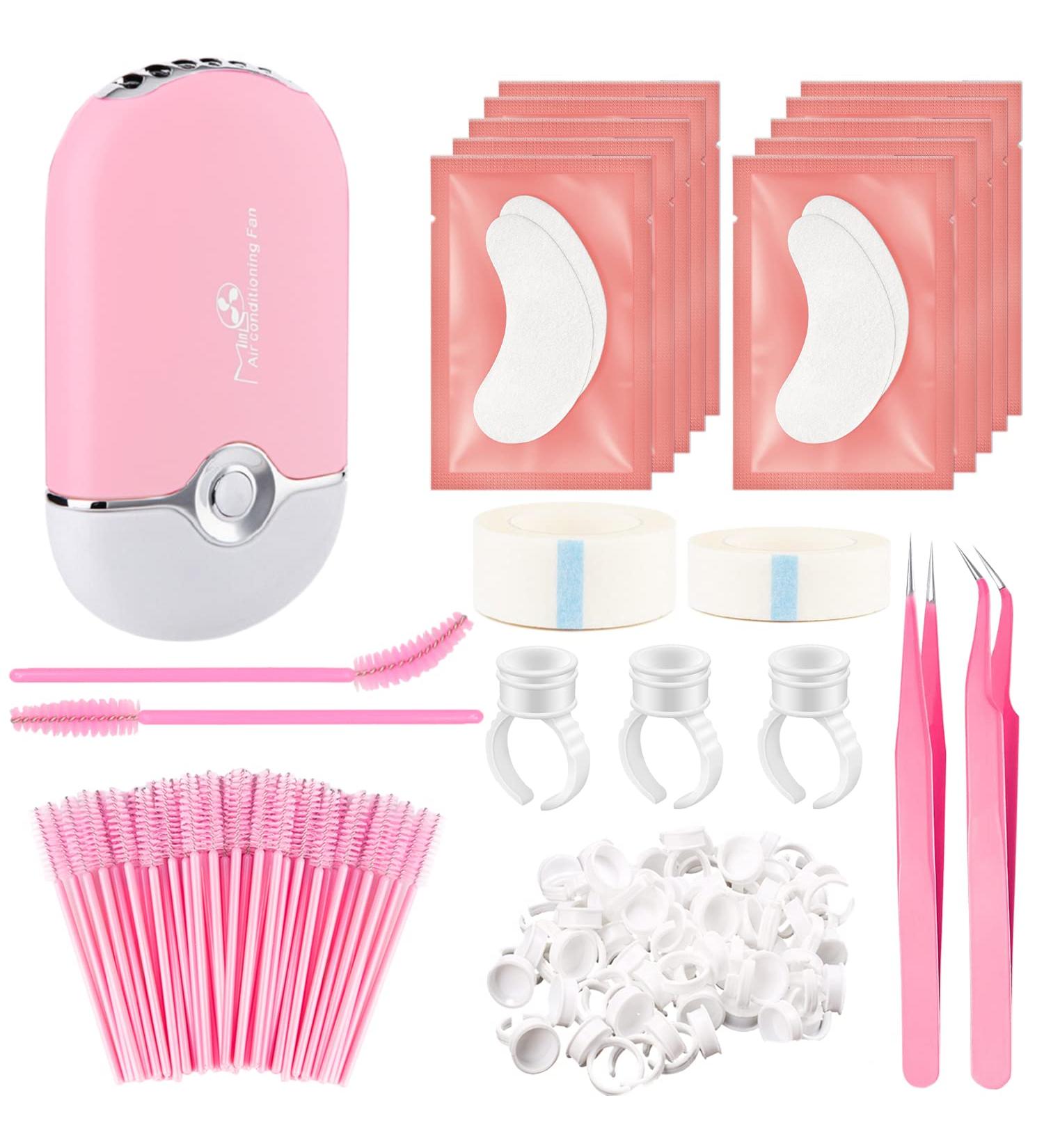 Eyelash Extension Kit - Fan Dryer, Tweezers, Glue Rings, Pads, Brushes, Tape - Pink - Buy Online on SooperMarket.com