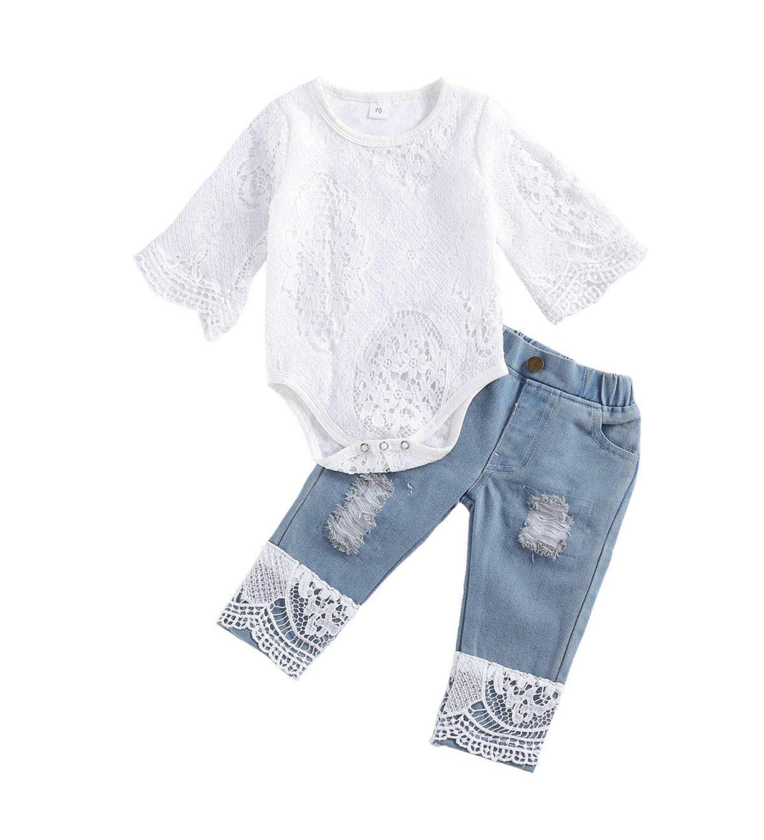 Baby Girl White Lace Ruffle Romper Top + Jeans Shorts Clothing Set 18-24 Months - Buy Online on SooperMarket.com