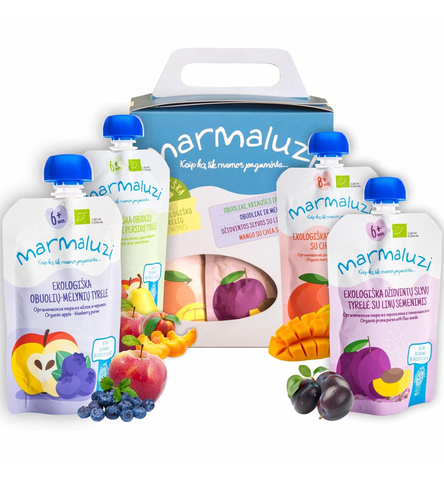Organic Quetschies by Marmaluzi - Premium Sugar-Free Fruit Puree for Babies 6 Months+ - Gift Set 4 Pack (4 x 90g) - Healthier Snack Option - Buy Online on SooperMarket.com