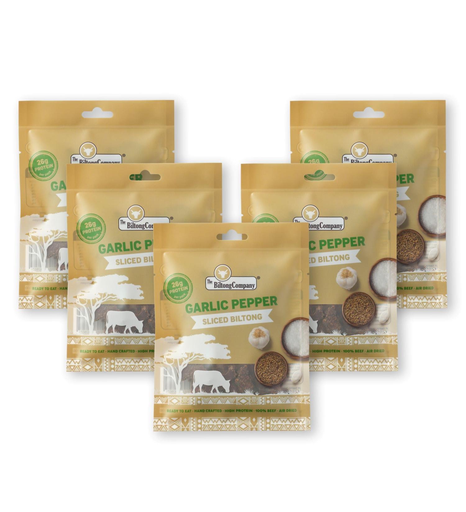 Garlic Pepper Sliced Biltong 5 x 50g (250g) Natural Spicy Beef Biltong by The Biltong Company High in Protein & Keto Diet-Approved Lean Biltong Spiced Meat Snack Like Jerky Garlic Pepper 50 g (Pack of 5) - Buy Online on SooperMarket.com