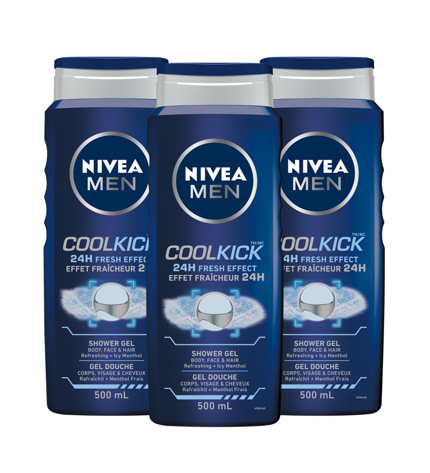 NIVEA MEN Cool Kick Body Wash | 3-in-1 Men Shower Gel (Body Face & Hair) 3x500mL Cool Kick 1 count (Pack of 3) - Buy Online on SooperMarket.com