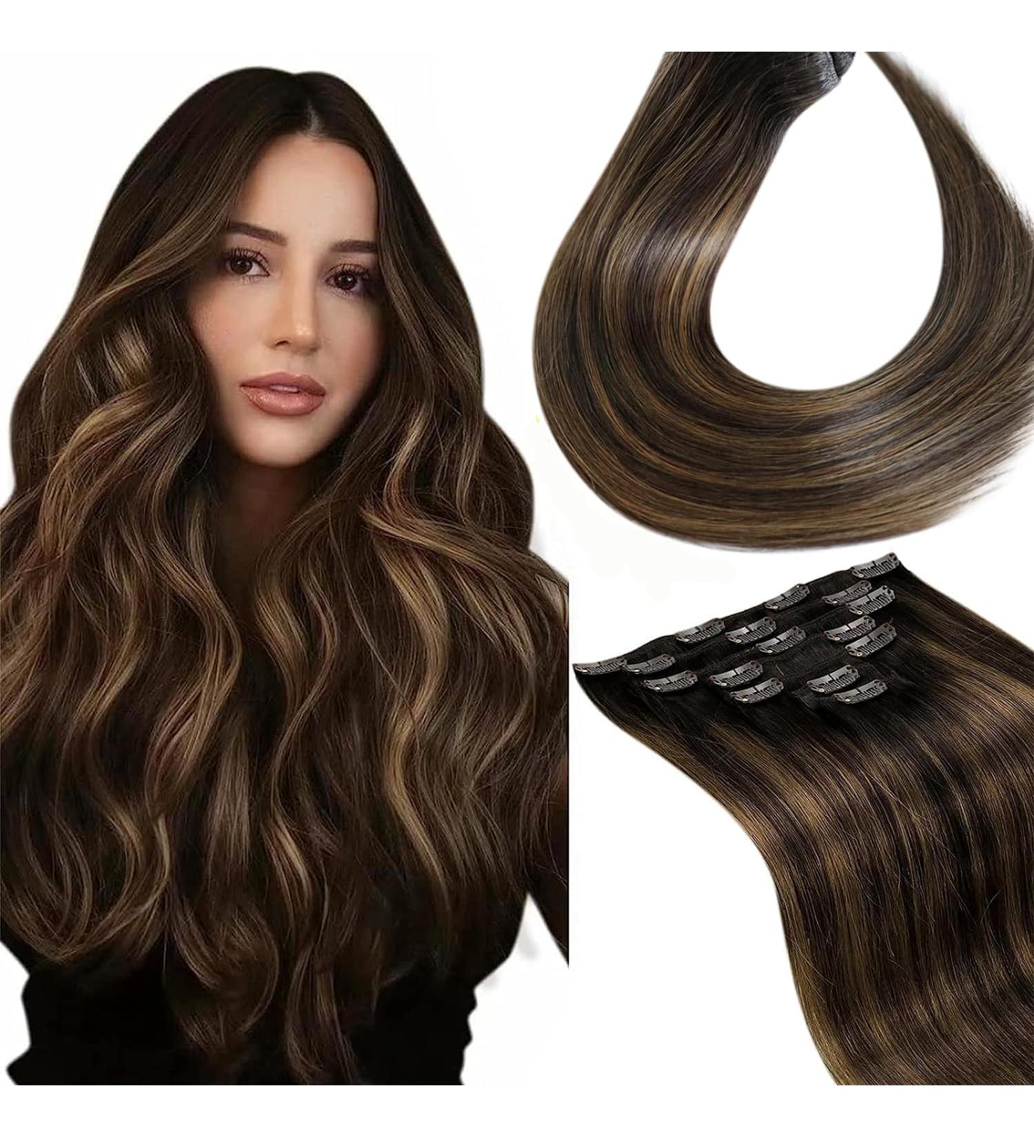 Laavoo Brown Balayage Clip In Extensions - Remy Human Hair Ombre Dark to Light Brown 10pcs 40cm Thick Real Hair #2/8/2 - Buy Online on SooperMarket.com