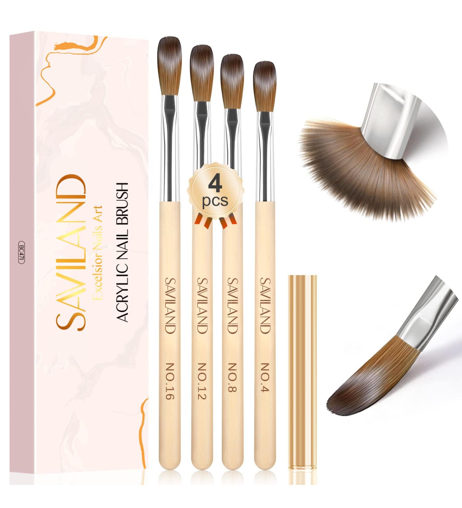 Saviland 4PCS Kolinsky Acrylic Nail Brush Set - Sizes 4/8/12/16 for Acrylic Application & Extensions - Professional Acrylic Powder Brushes for 3D Nail Art DIY - Buy Online on SooperMarket.com