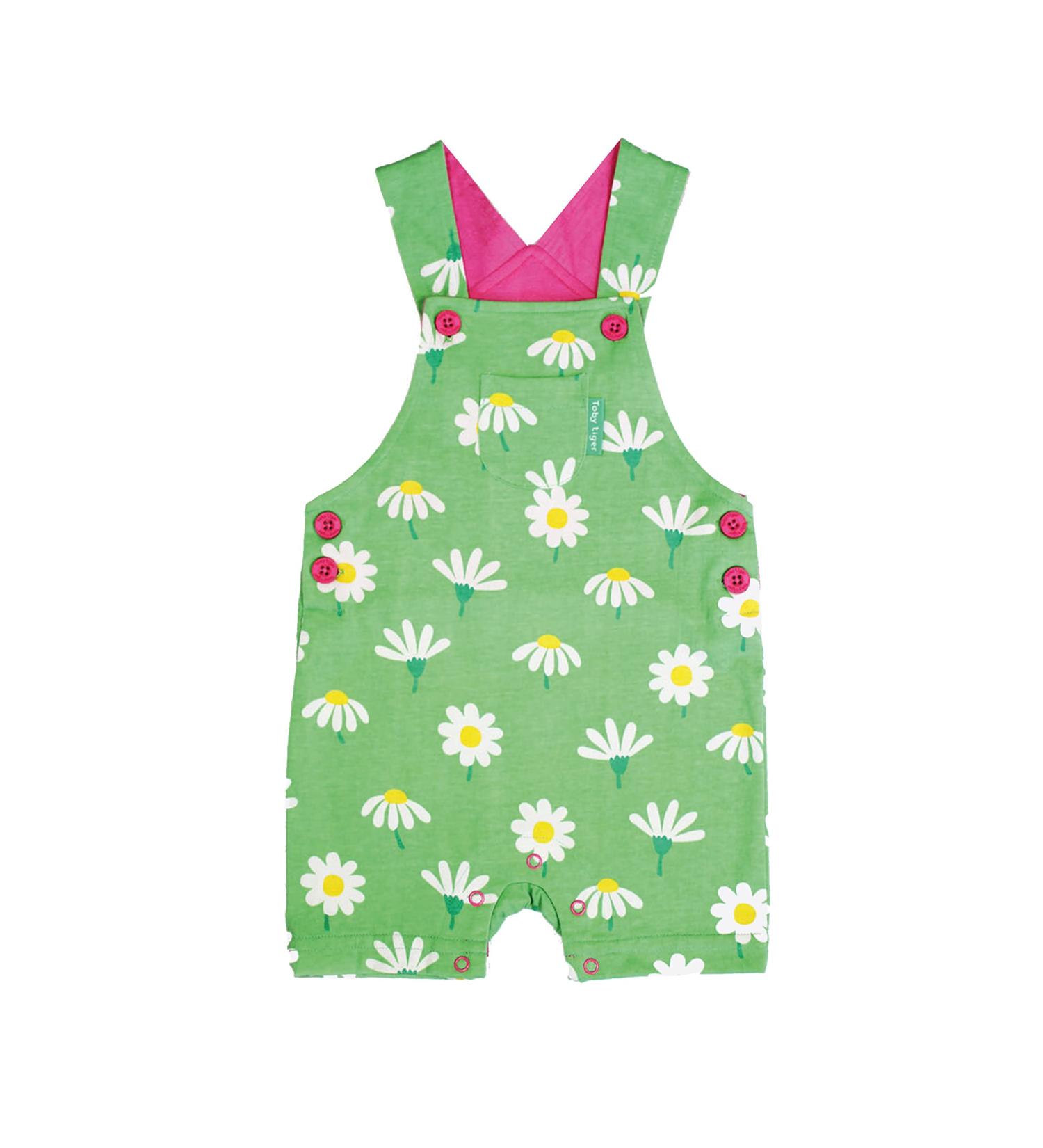Toby Tiger Organic Daisy Print Dungaree Shorts 3-6 Months - Green - Buy Online on SooperMarket.com