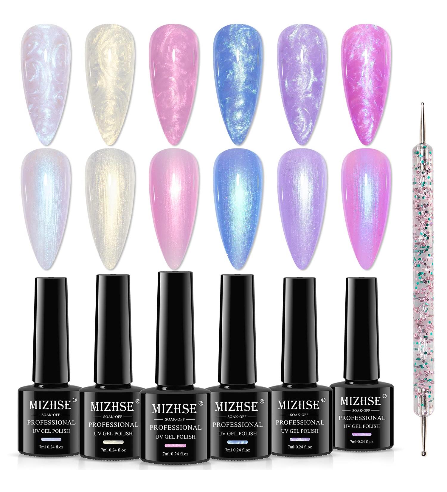 MIZHSE Pearl Gel Nail Polish Set - 6 Shimmer Colors | Pearlescent Shell Glitter | Soak Off UV Lamp Gel | White, Pink, Blue | BKJGLW208 - Buy Online on SooperMarket.com
