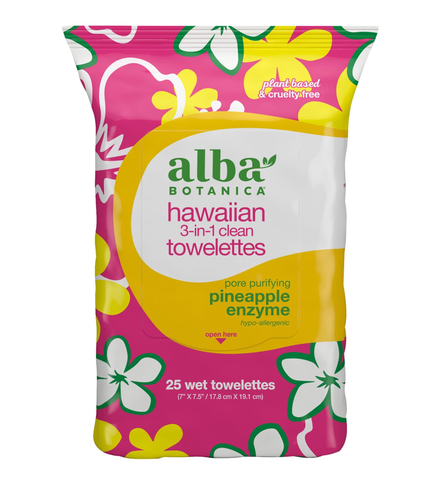 Alba Botanica Hawaiian 3-In-1 Clean Towelettes 25 Count - Deep Pore Purifying Enzyme Pineapple - Natural & Refreshing (Pack of 1) - Buy Online on SooperMarket.com