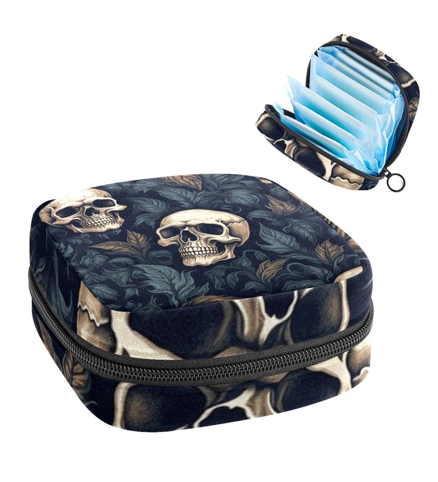 Skulls and Leaves Sanitary Napkin Storage Bag - Portable Period Pouch for Women and Teen Girls - Multi-colored - Buy Online on SooperMarket.com