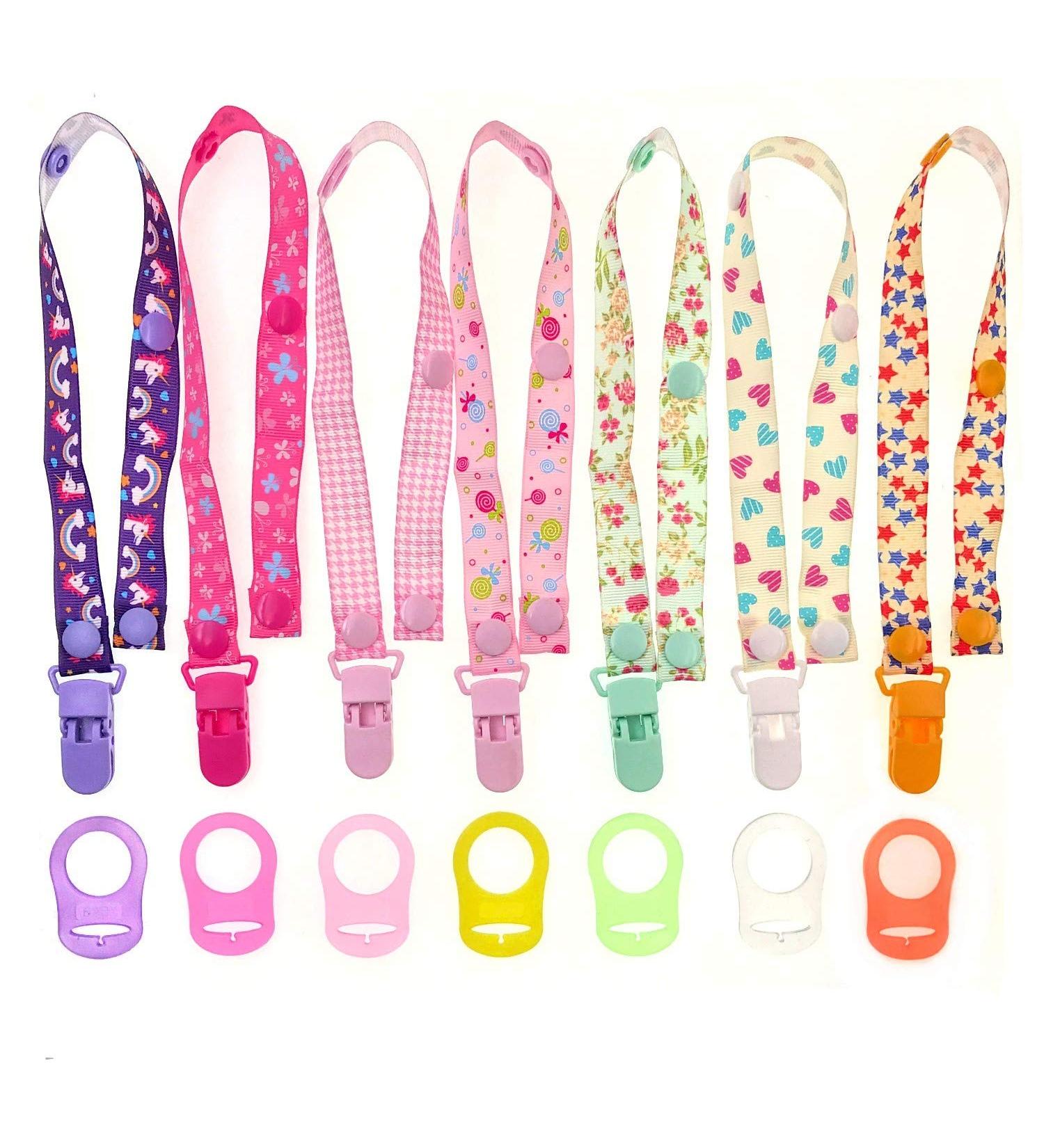 JZK 7-Pack Silicone Baby Dummy Clip Ring and Pacifier Holder Straps for Girls - Mam Soothers Compatible | Multicolor Baby Girl Accessories - Buy Online on SooperMarket.com
