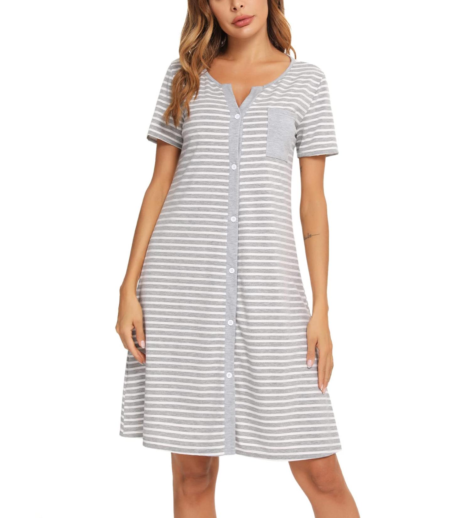 Marvmay Women's Cotton Nightgown - Short-Sleeved Button-Strip Sleep Shirt XXL Light Gray International Shipping Available - Buy Online on SooperMarket.com