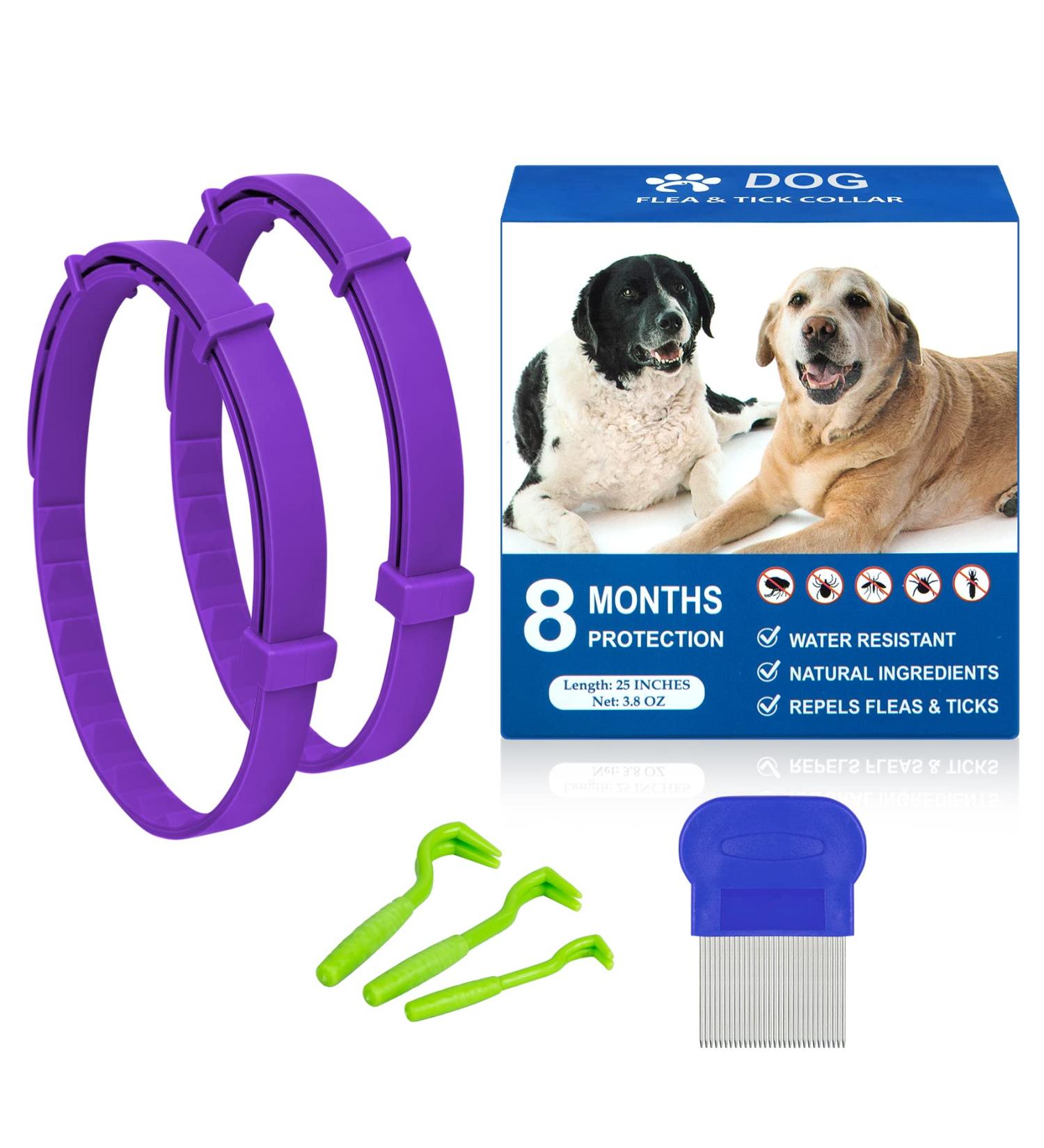 Flea Collar for Dogs 2-Pack Purple | 8 Months Protection | Prevent, Control, & Treat Fleas and Ticks | Adjustable 25 Inch | Free Comb Included - Buy Online on SooperMarket.com