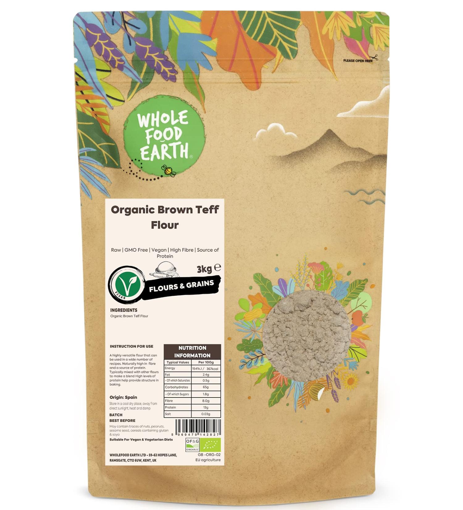 Organic Brown Teff Flour 3kg - GMO Free, Vegan, High Fibre, Protein Source | Certified Organic | Wholefood Earth - Buy Online on SooperMarket.com