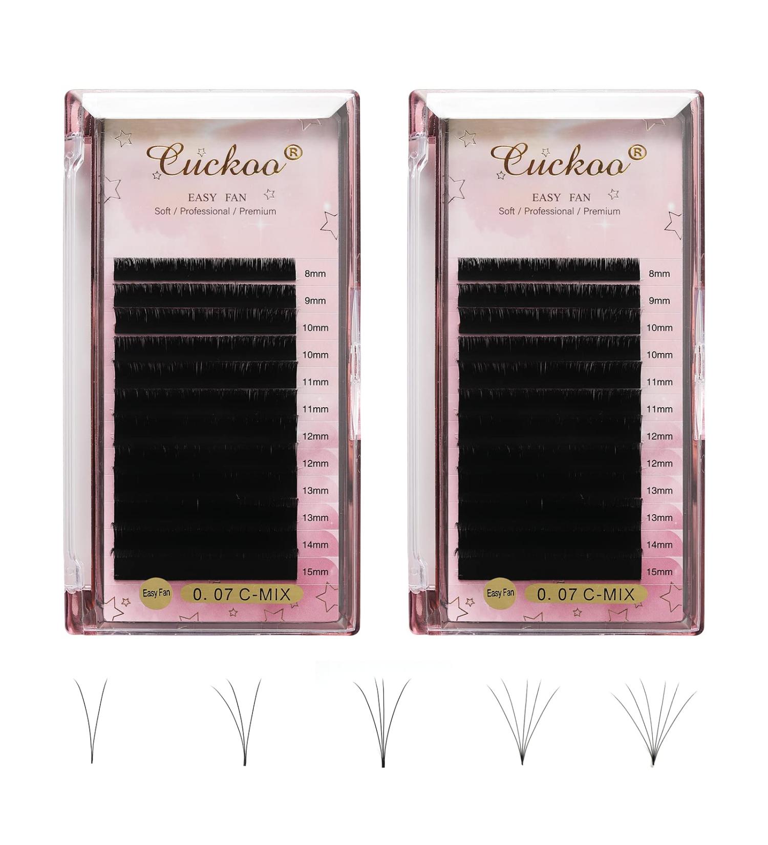 Cuckoo Volume Eyelash Extensions 0.07mm C Curl 8-15 Mixed Length Easy Fan 2 Trays - Professional Rapid Blooming Self Fanning Lashes - Buy Online on SooperMarket.com