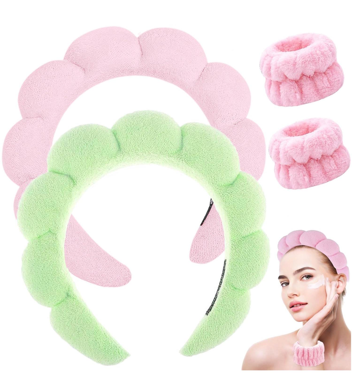 Spa Terry Cloth Headband Set for Women - Pink & Light Green | Bubble Skincare Headband with Face Wash Wristbands| Soft & Puffy Makeup Headband - Great Gift Idea - Buy Online on SooperMarket.com