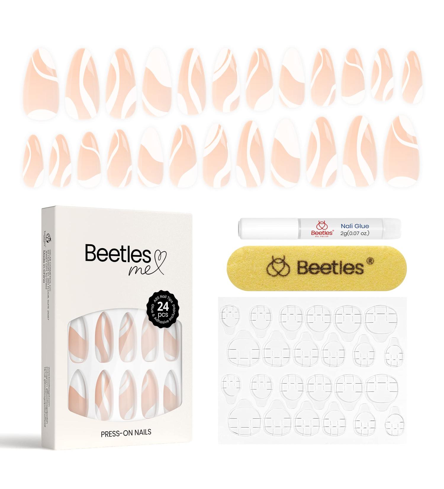 Beetles Press On Nails Classic Swirl - 24PCS Full Cover White Nude Fake Nails for Women | Glue-on & Stick on Nails with Glue and File - Gift for Girls - Buy Online on SooperMarket.com