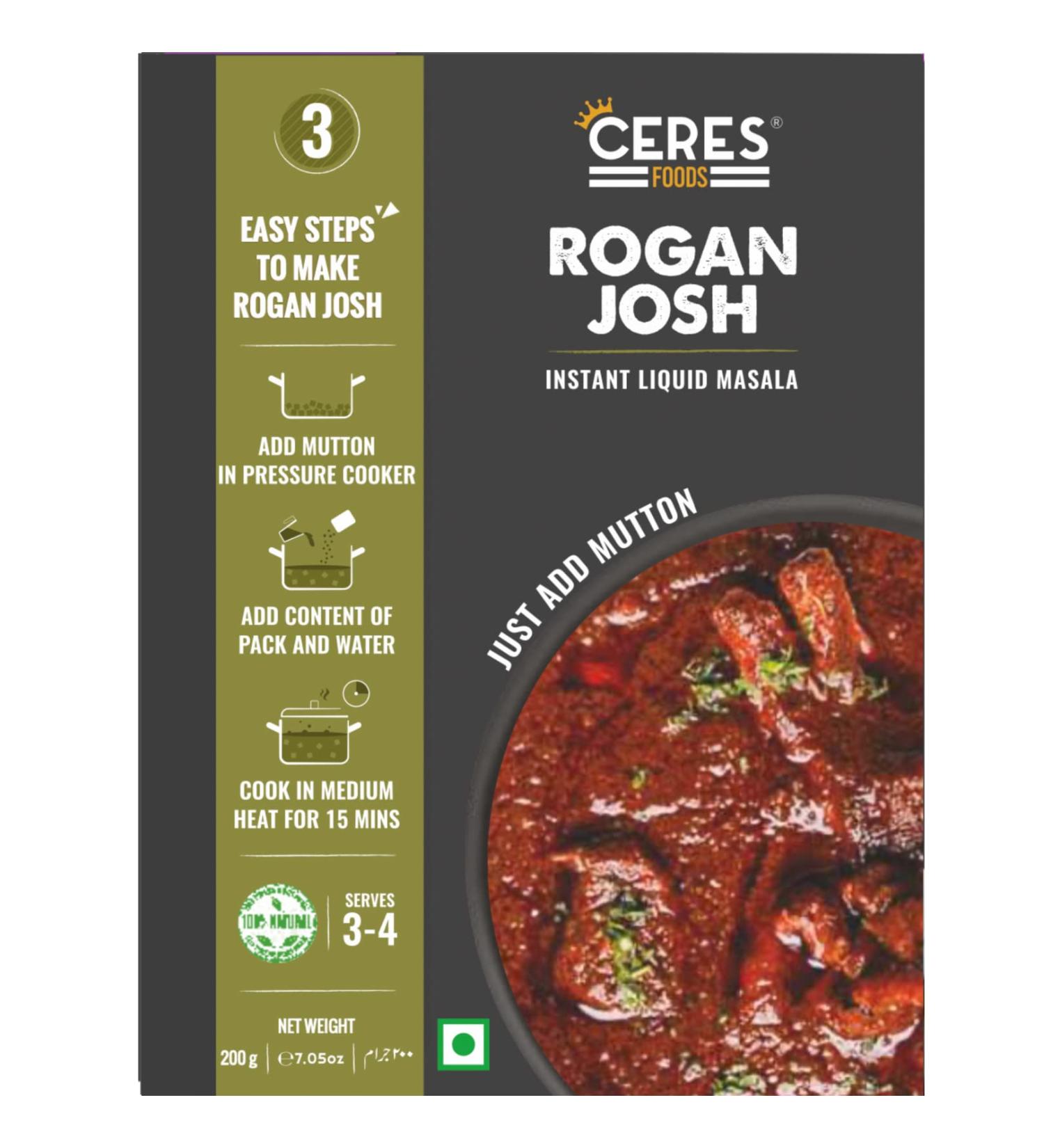 CERES FOODS Indian Kashmiri Rogan Josh Instant Liquid Masala | Simmer Sauce | Famous Mutton Curry from Kashmir India | Just Add 35 Ounces of Mutton or Choice of Protein with the Curry 200 gm - Buy Online on SooperMarket.com