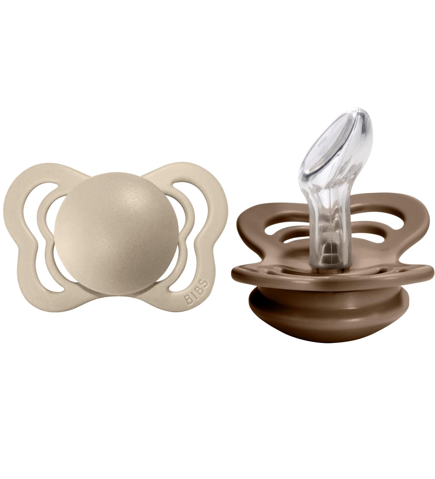 BIBS Couture Collection Pacifiers | BPA-Free Baby Soothers from Denmark | Set of 2 Vanilla/Dark Oak & Transparent | Size 0-6 Months - Buy Online on SooperMarket.com