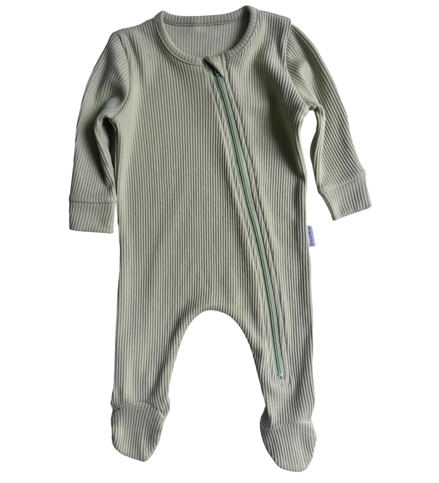 DreamBuy Ribbed Cotton Zip Up Baby Sleepsuit for Newborns | Unisex Baby Boy and Girl Clothes 0-3 Months Sage - Buy Online on SooperMarket.com