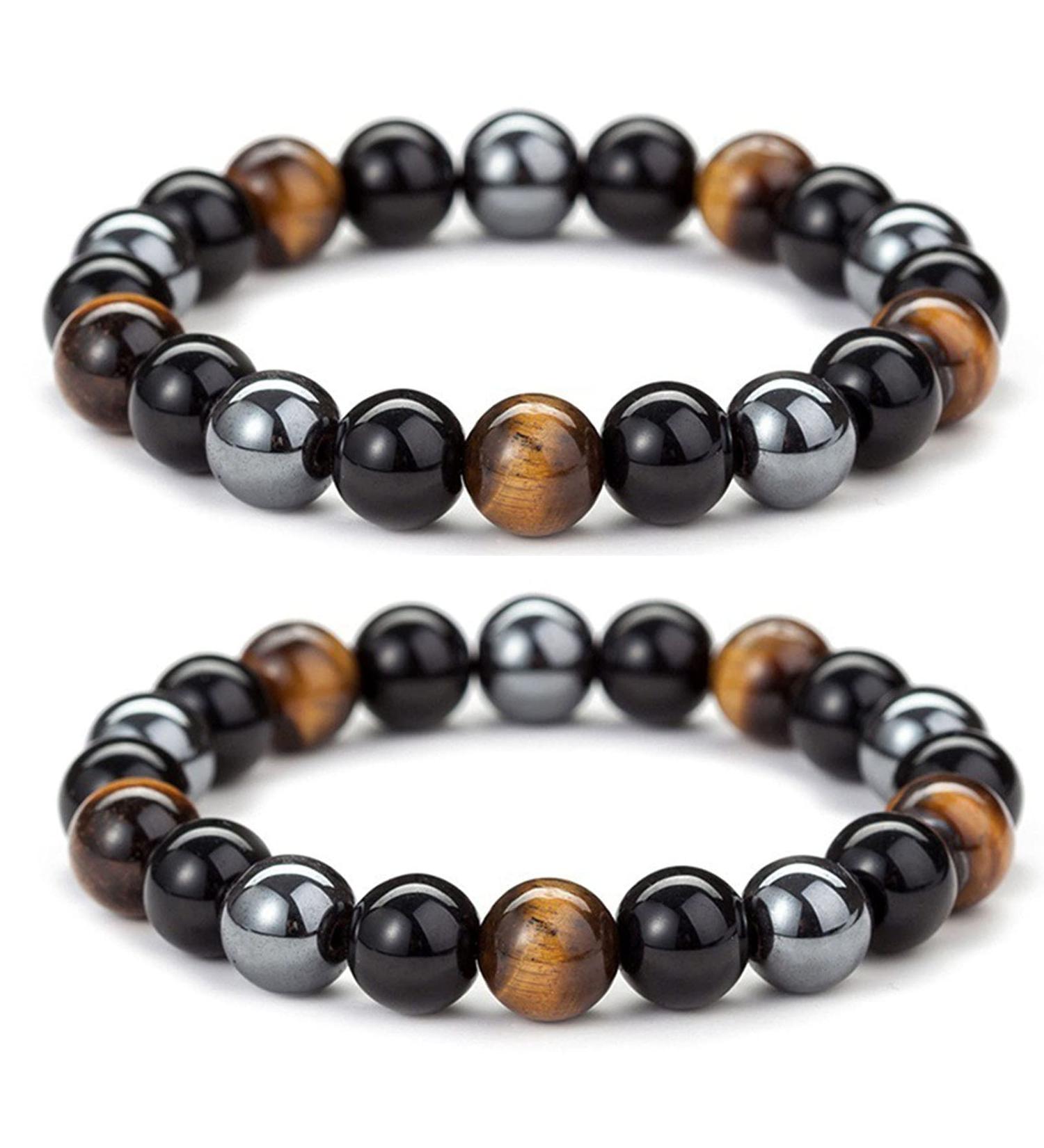 8mm Tigers Eye Triple Protection Bracelet with Black Obsidian and Hematite - Lucky Charm for Men and Women - Buy Online on SooperMarket.com