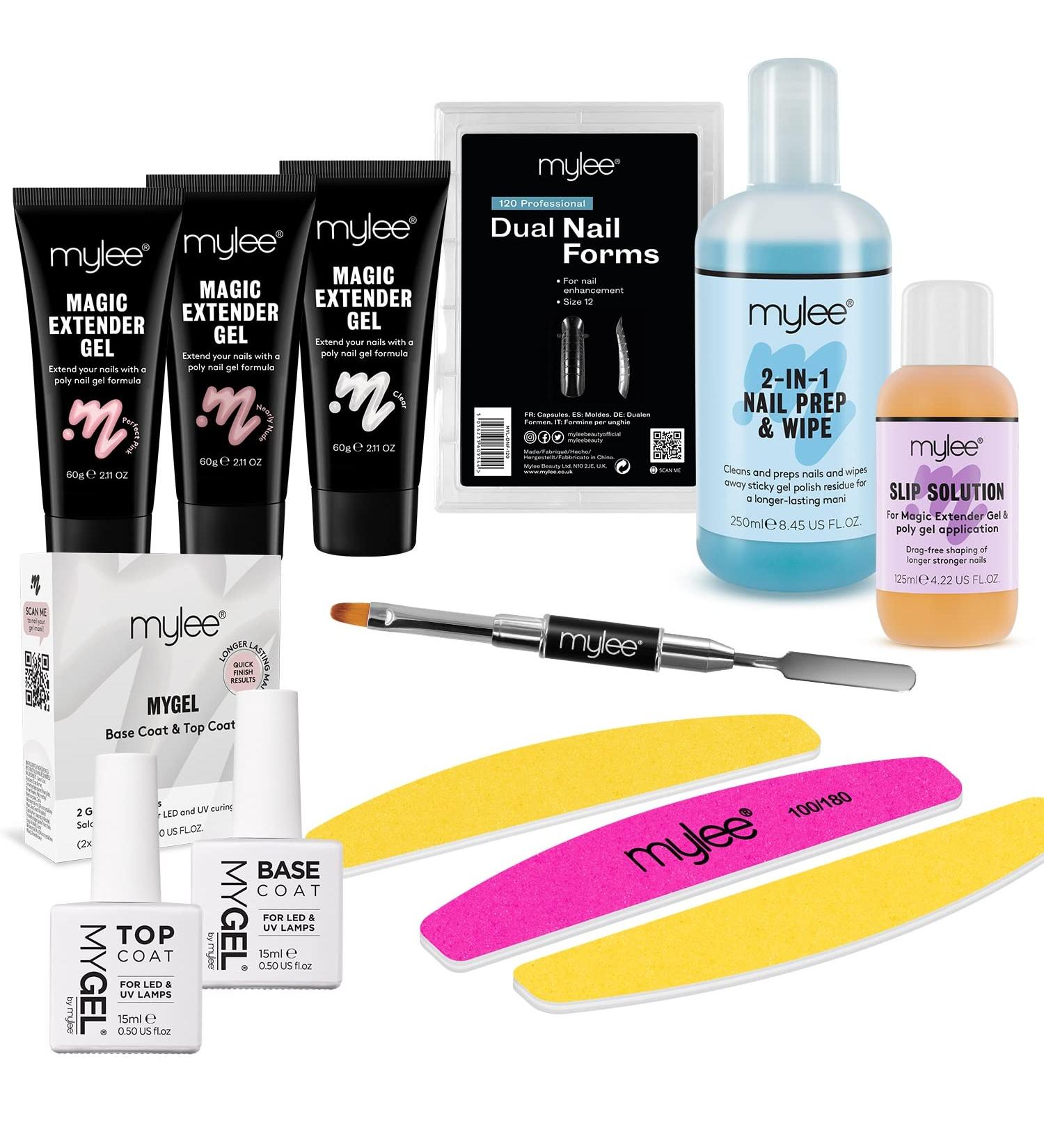 Mylee Magic Extender Gel Nail Kit 3x MYGEL Gel Colours Slip Solution 125ml MYGEL Top & Base Coat Nail Prep & Polish Wipe 250ml 3x Nail Files 120x Plastic Dual Nail Forms Dual Ended Tool - Buy Online on SooperMarket.com
