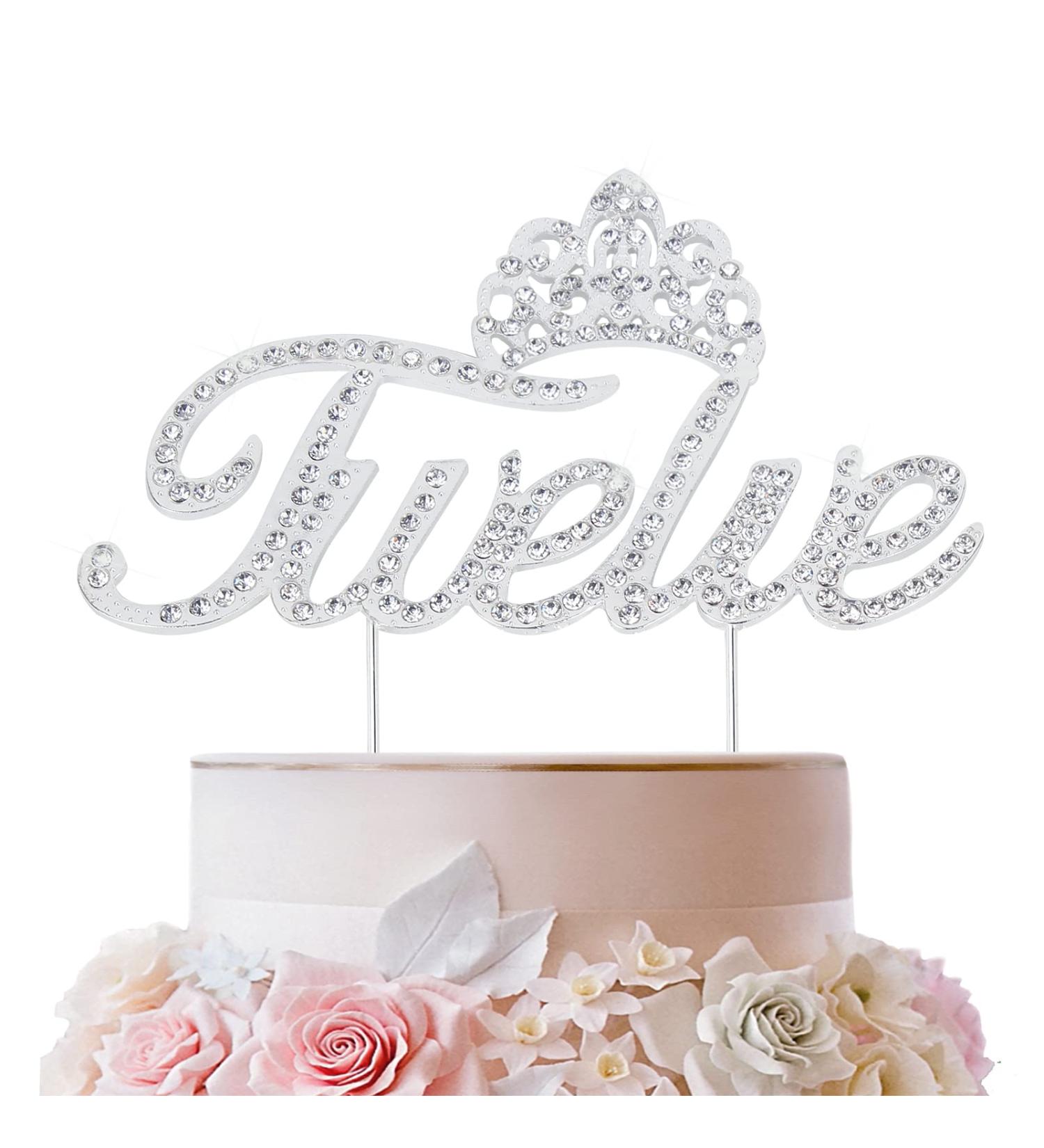 LINGTEER Twelve Birthday Cake Topper with Crown Sign | Silver Bling Crystal Rhinestone Birthday Keepsake | Happy 12th Birthday Party Decorations Gift Supplies - Buy Online on SooperMarket.com