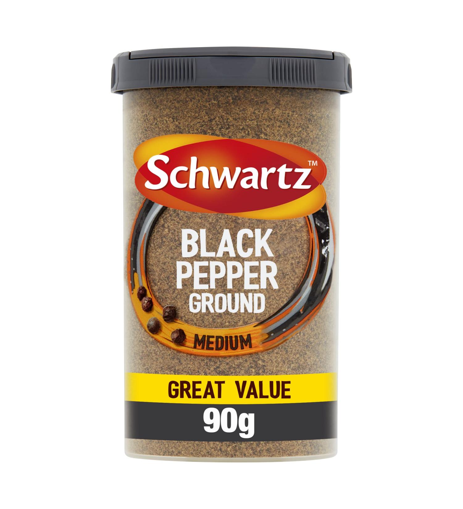 Schwartz Ground Black Pepper Drum 90g - Hot, Spicy & Zesty Flavor - Versatile Spice for Savory Dishes, Salads, Roast Meat & Eggs - Buy Online on SooperMarket.com