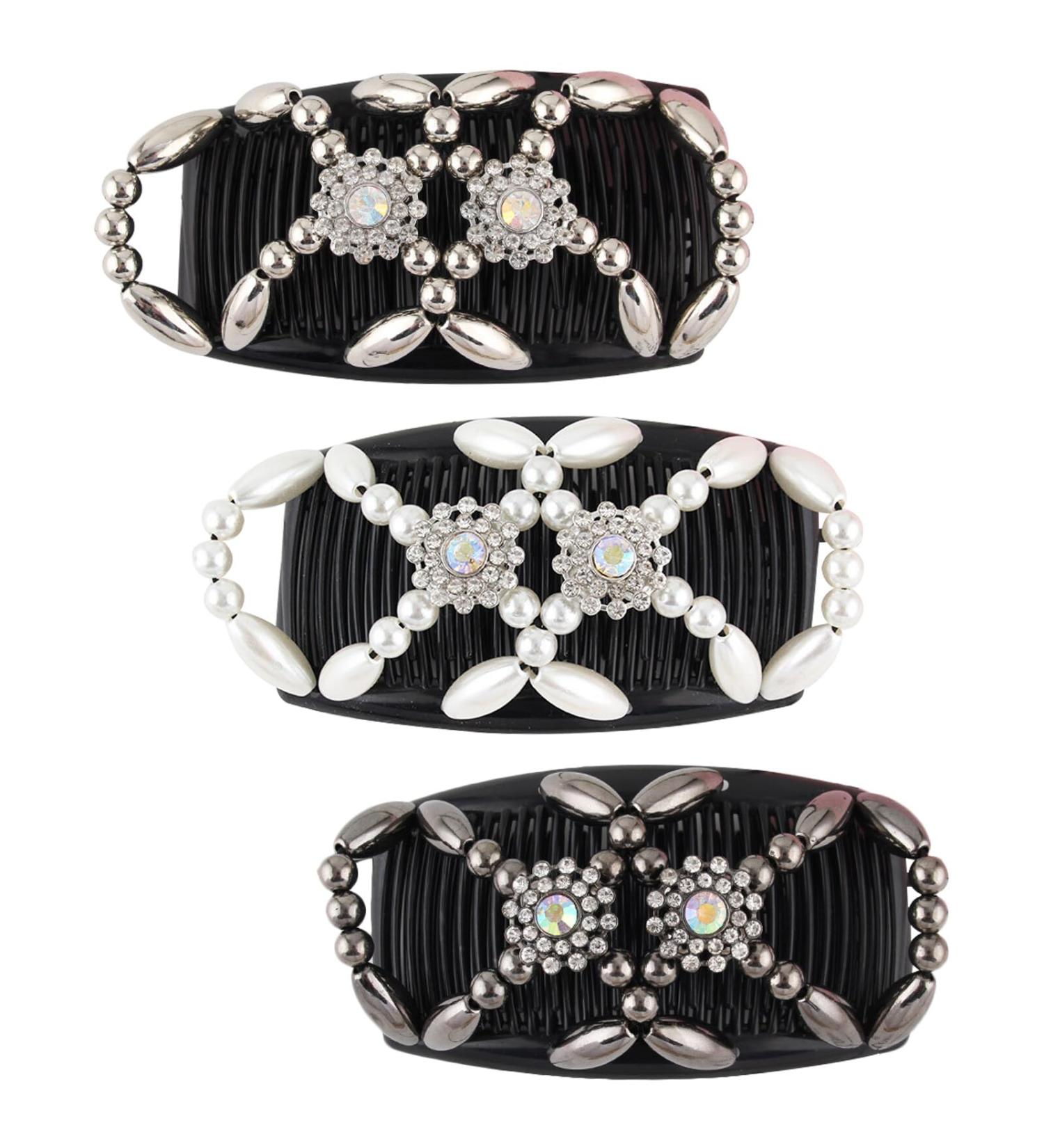 Kytpyi Double Clip Elastic Beaded Hair Combs 3PCS - Floral Hair Accessories for Women and Girls - Buy Online on SooperMarket.com