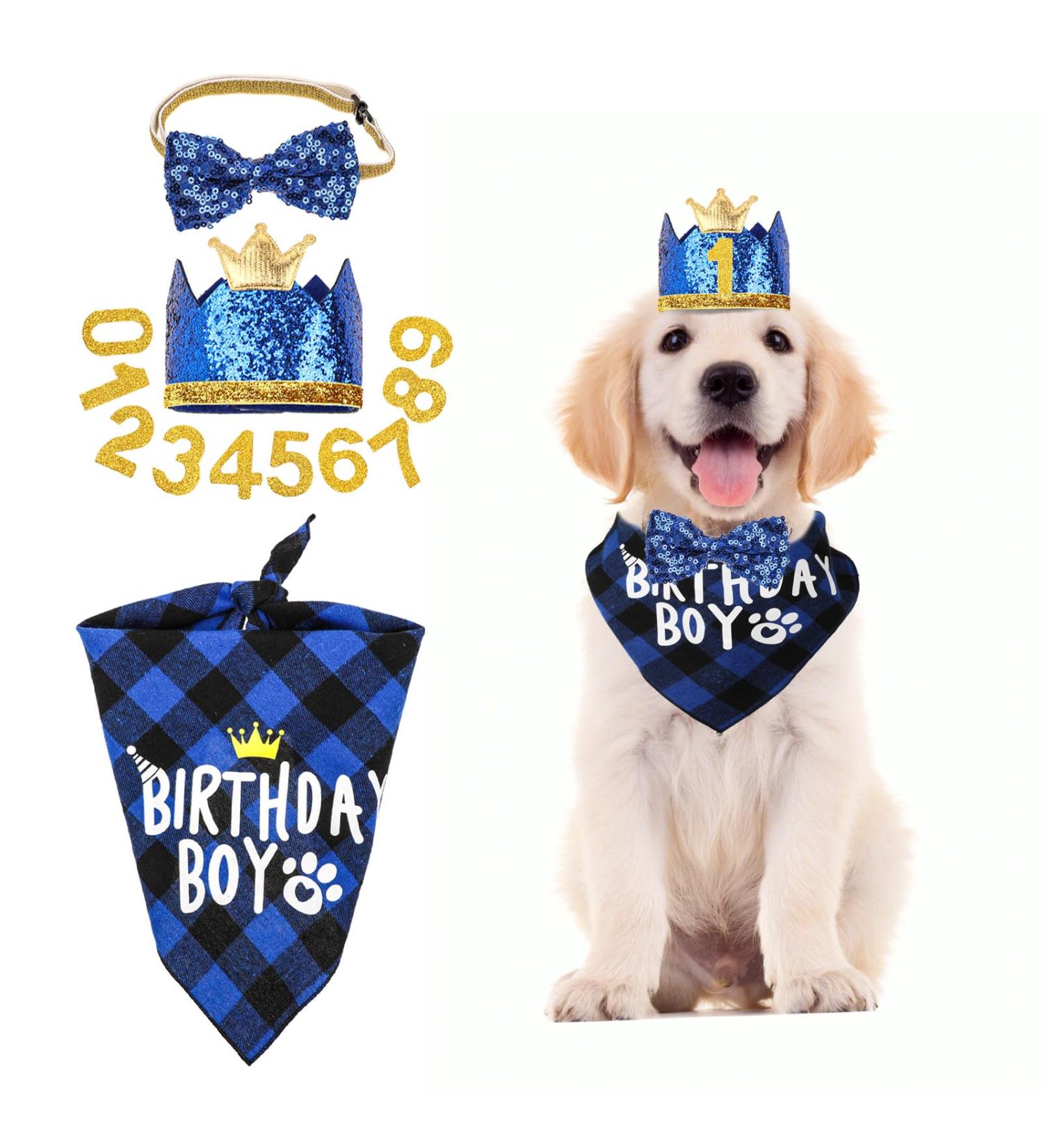 WLLHYF Dog Birthday Party Supplies Boy Dog Birthday Bandana Set with Cute Dog Bow Tie Dog Birthday Crown Hat with Numbers Small Medium Large Dogs(Blue) - Buy Online on SooperMarket.com