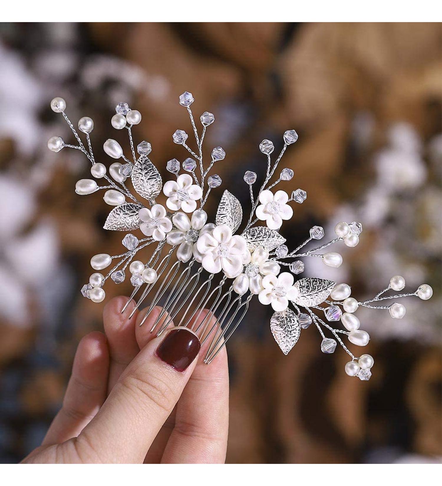 Handsess Bridal Wedding Flowers Hair Comb Silver Rhinestone Hairpieces Leaf Bridal Side Combs Pearl Wedding Hair Accessories for Women and Girls - Buy Online on SooperMarket.com