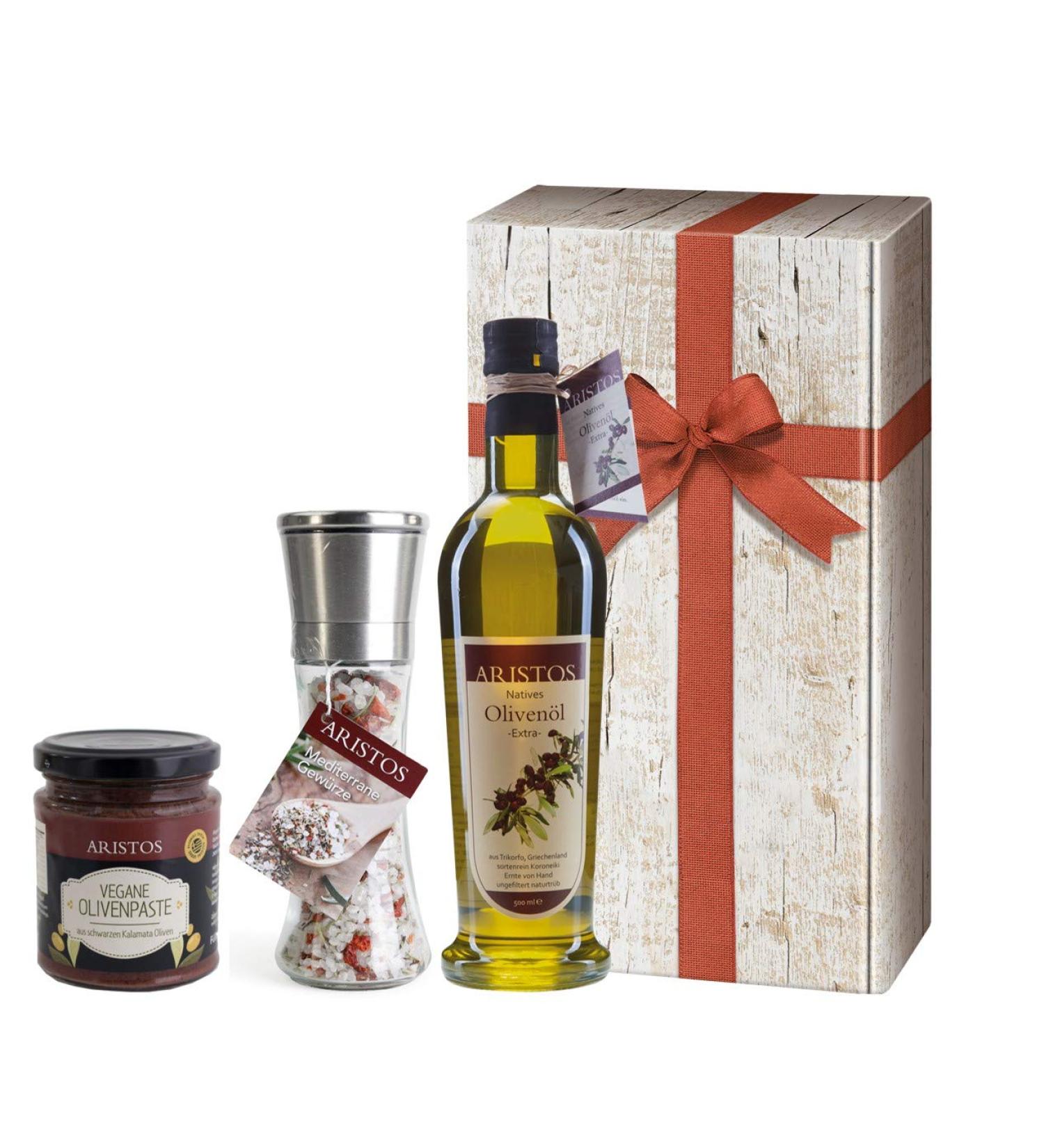 3 TLG Greek Olive Oil Gift Set | Christmas Gift Basket with Oil Sea Salt & Tapenade | Elegant Wooden Box | Aristos Gourmet Gift - Buy Online on SooperMarket.com