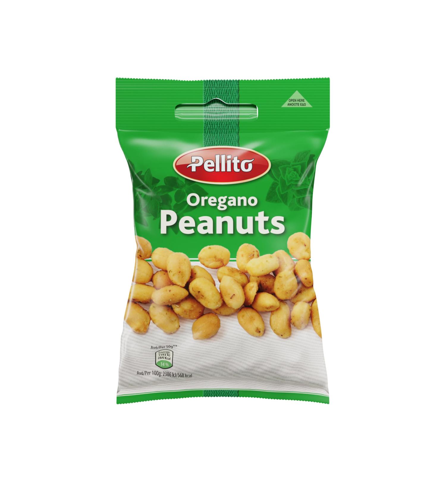 Pellito Oregano Peanuts 95 Percent Peanuts 3 Percent Oregano Flavouring 12g Protein 3g Fibre 304 kcal per 50g On-The-Go Healthy Snacks 30x50g