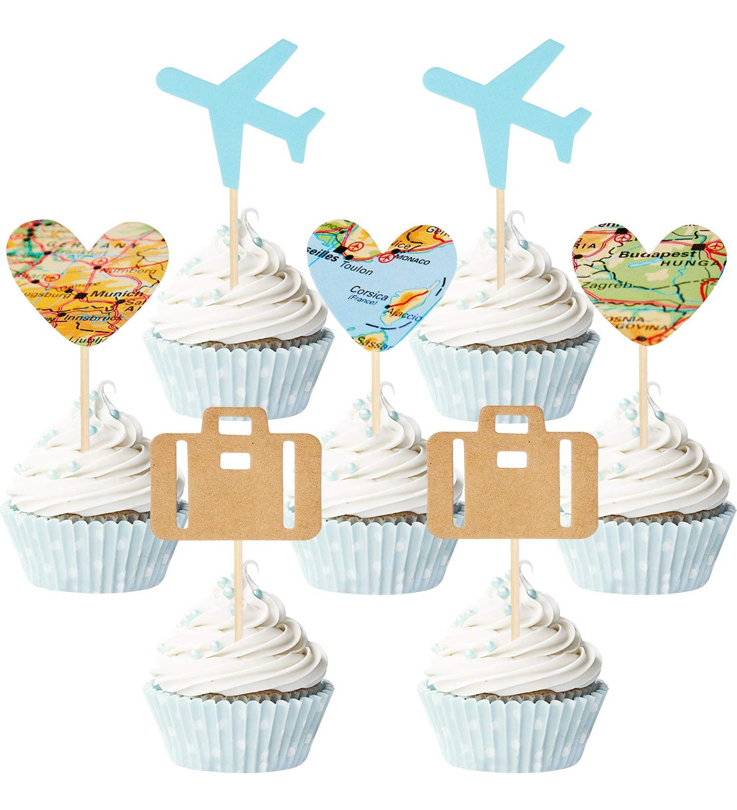36 Pieces Travel Themed Cupcake Toppers Set Airplane Cupcake Toppers Map Heart Cake Toppers for Travel Themed Baby Shower Party Decorations (Blue and Brown) - Buy Online on SooperMarket.com