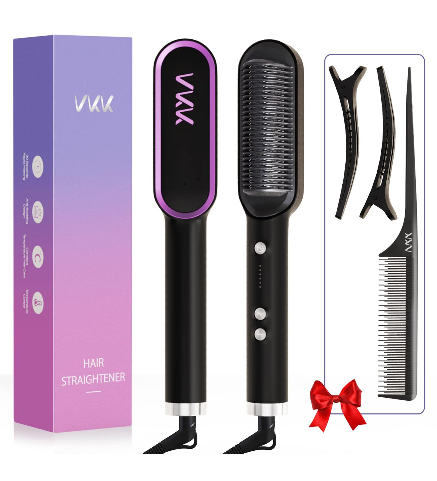 VKK Hair Straightener Brush - Fast Heating Smoothing Brush with 5 Temp Settings & Scalding Protection | Professional Hair Styling Tool - Black - Buy Online on SooperMarket.com