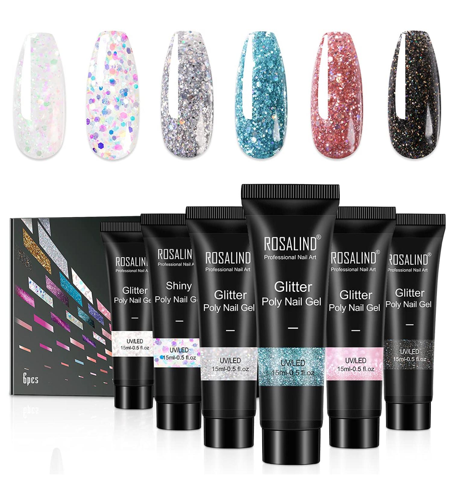 ROSALIND Blue Glitter Poly Nail Gel Set - 6PC 15ML Colors for Super Shiny Diamond Nail Extensions - Easy & Trendy Gel Nails for Beginners - Buy Online on SooperMarket.com