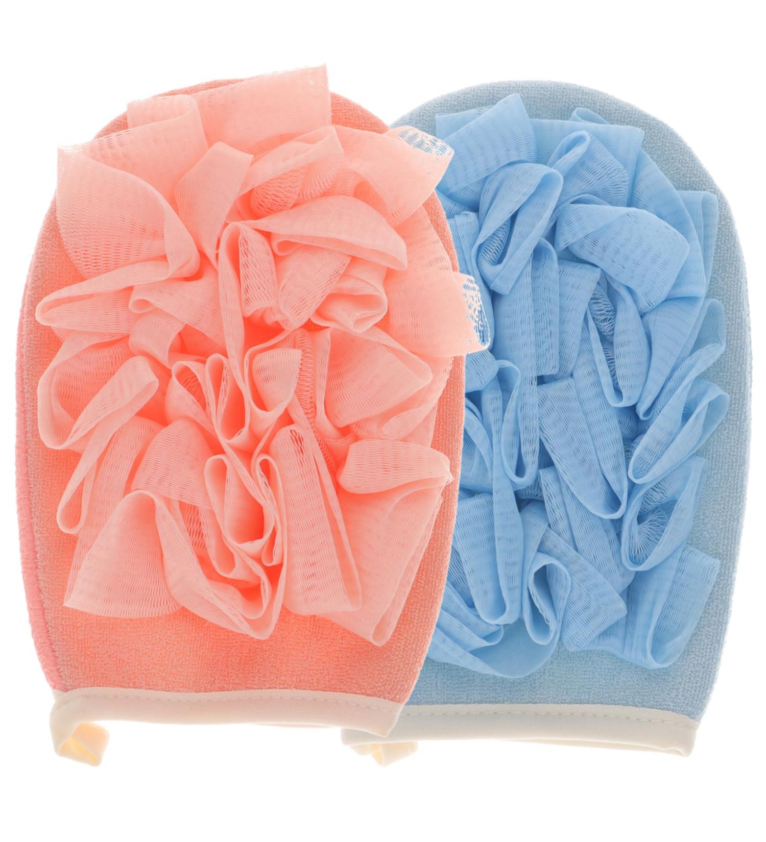 2pcs Exfoliating Gloves for Shower | Double-Sided Loofah | Blue & Pink - Remove Dead Skin & Enhance Your Skincare Routine - Buy Online on SooperMarket.com