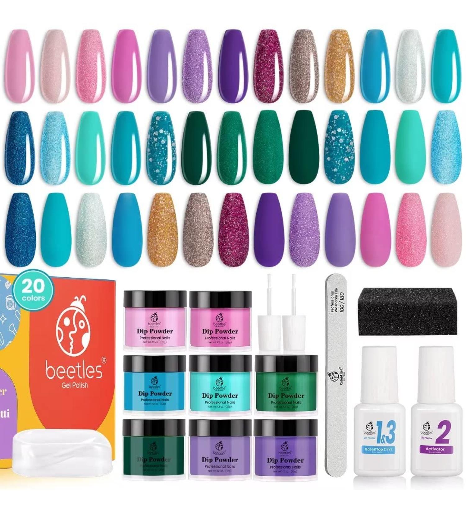 Beetles Mermaid Collection 20 Colors Dip Powder Set with Dip Liquids - Purple Green Glitter Nail Art Kit, No LED Lamp Needed - Perfect Gift for Her - Buy Online on SooperMarket.com