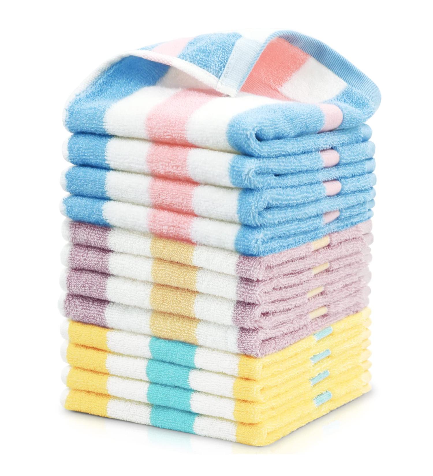 Striped Cotton Washcloths Set - 12 Pack, 13x13 Inches - Face & Body Towels in 3 Colors - Buy Online on SooperMarket.com