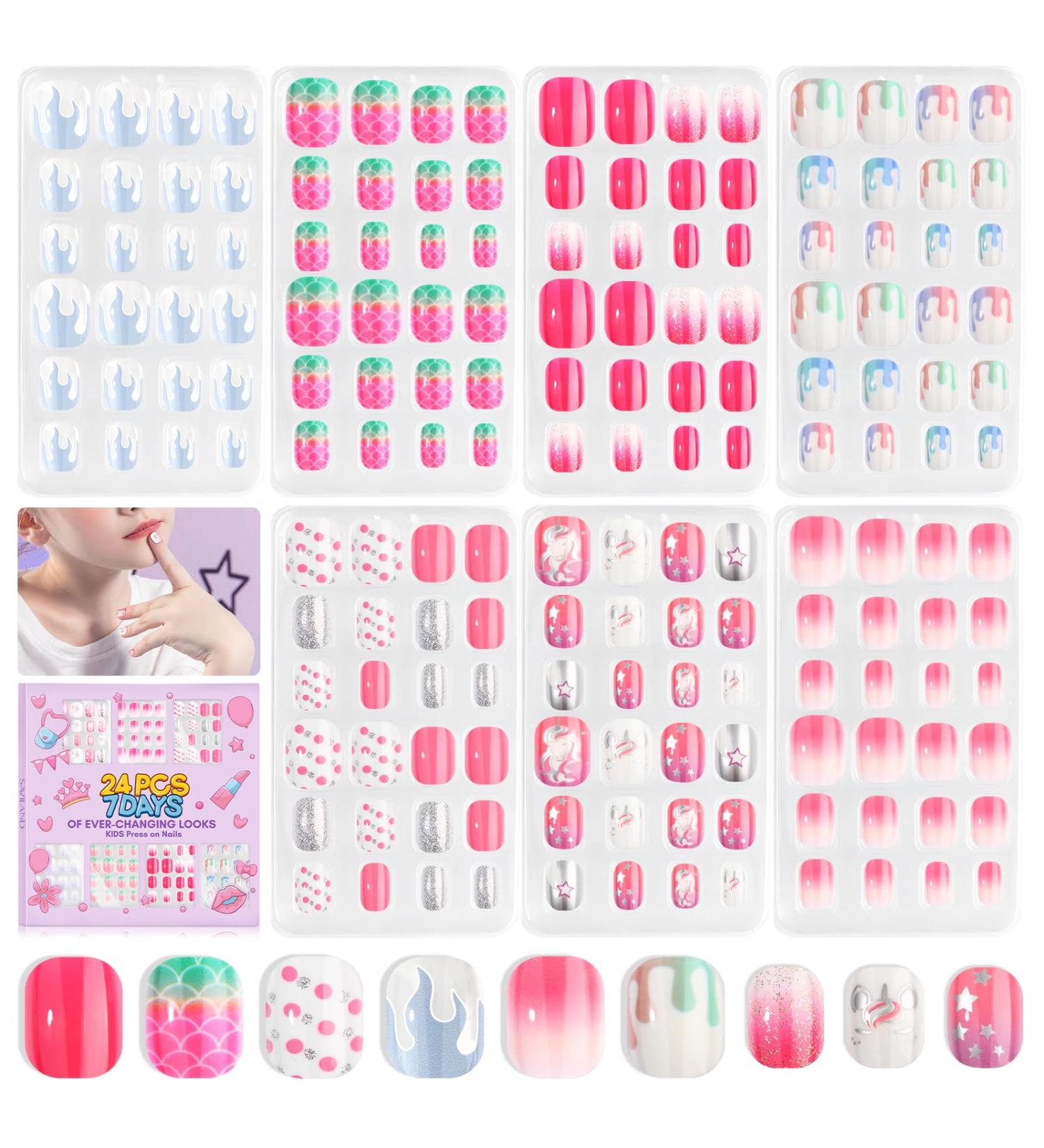 SAVILAND 168Pcs Press on Nails - Kids Nail Art | Glitter Gradient Stick on Nails for Girls Ages 8-12 | Short Acrylic Tips in Blue Pink White Silver - Buy Online on SooperMarket.com