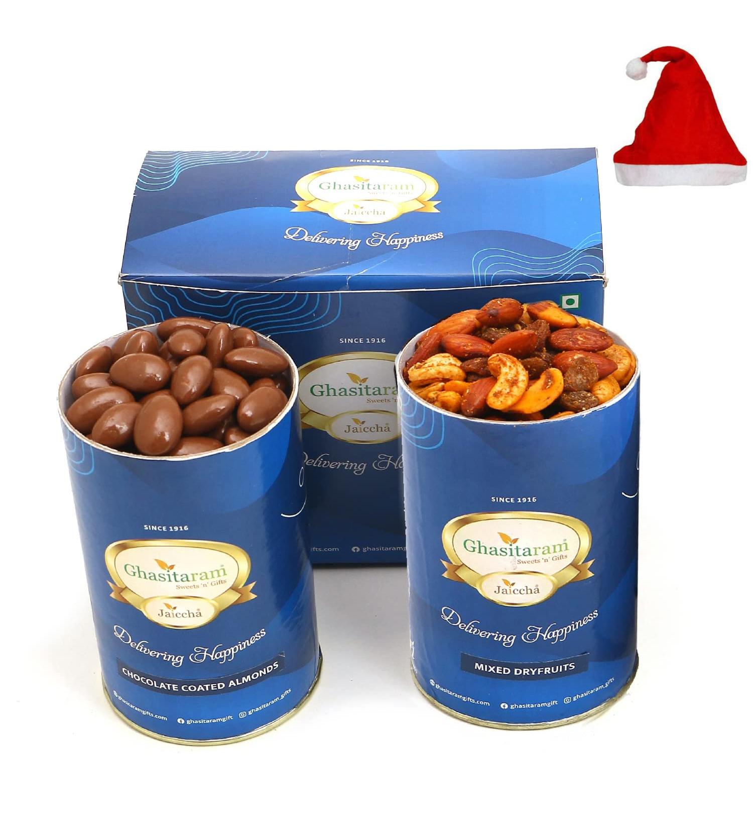 Jaiccha Ghasitaram Christmas Gifts Chocolate Almonds and Mix Dryfruits Cans Chocolate Almonds and Mix Dryfruits Cans Cap - Buy Online on SooperMarket.com