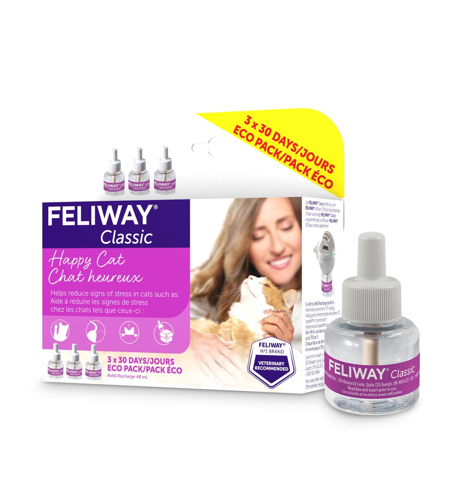 FELIWAY CLASSIC Diffuser Refill 3-Pack - Use with FELIWAY Cat Diffusers - Comforts Cats at Home & Helps Control Unwanted Urine Spraying Cat Scratching and Hiding (90 Day Supply FELIWAY Refill C238) - Buy Online on SooperMarket.com