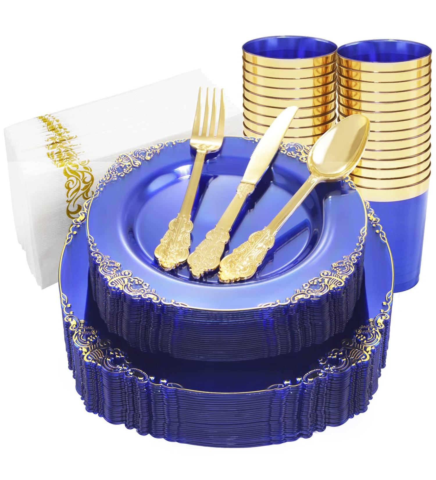Nervure 175PCS Clear Blue Plastic Plates with Gold Trim - Ideal for Weddings & Parties - Buy Online on SooperMarket.com