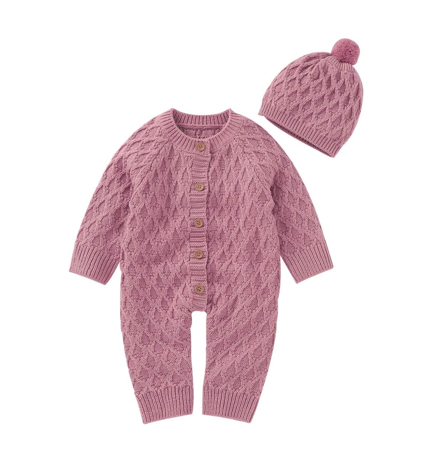 DovFanny Baby Romper Suit | Knit Long Sleeve Jumpsuit with Hat | 6-12 Months | Pink - Buy Online on SooperMarket.com