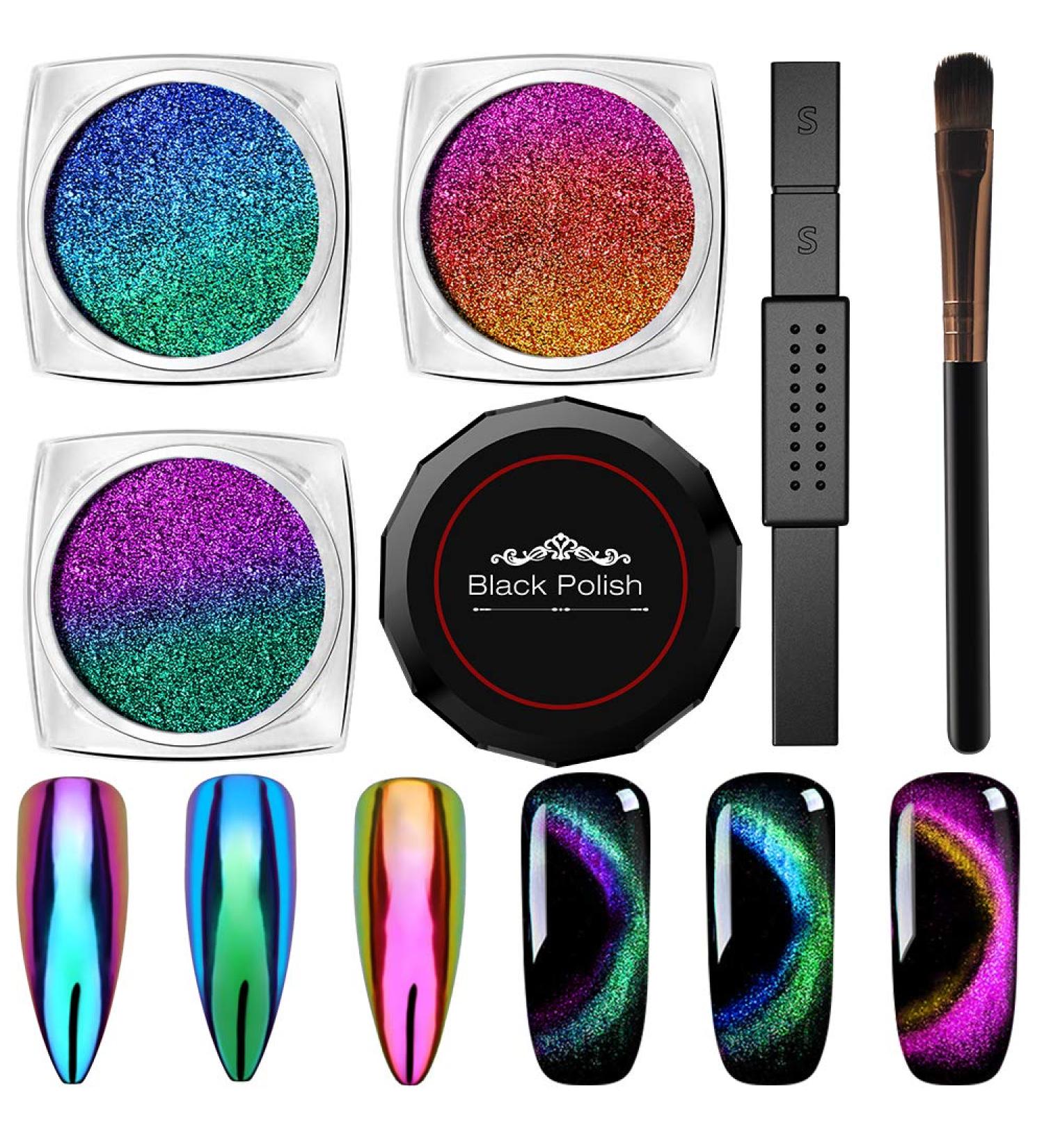 Cat Eye Chrome Nail Powder Set - Achieve Cat Eye and Chameleon Mirror Effects with 9D Galaxy Gem Glitter Pigment, Black UV Gel, and Magnetic Stick - DIY Manicure Kit - Buy Online on SooperMarket.com