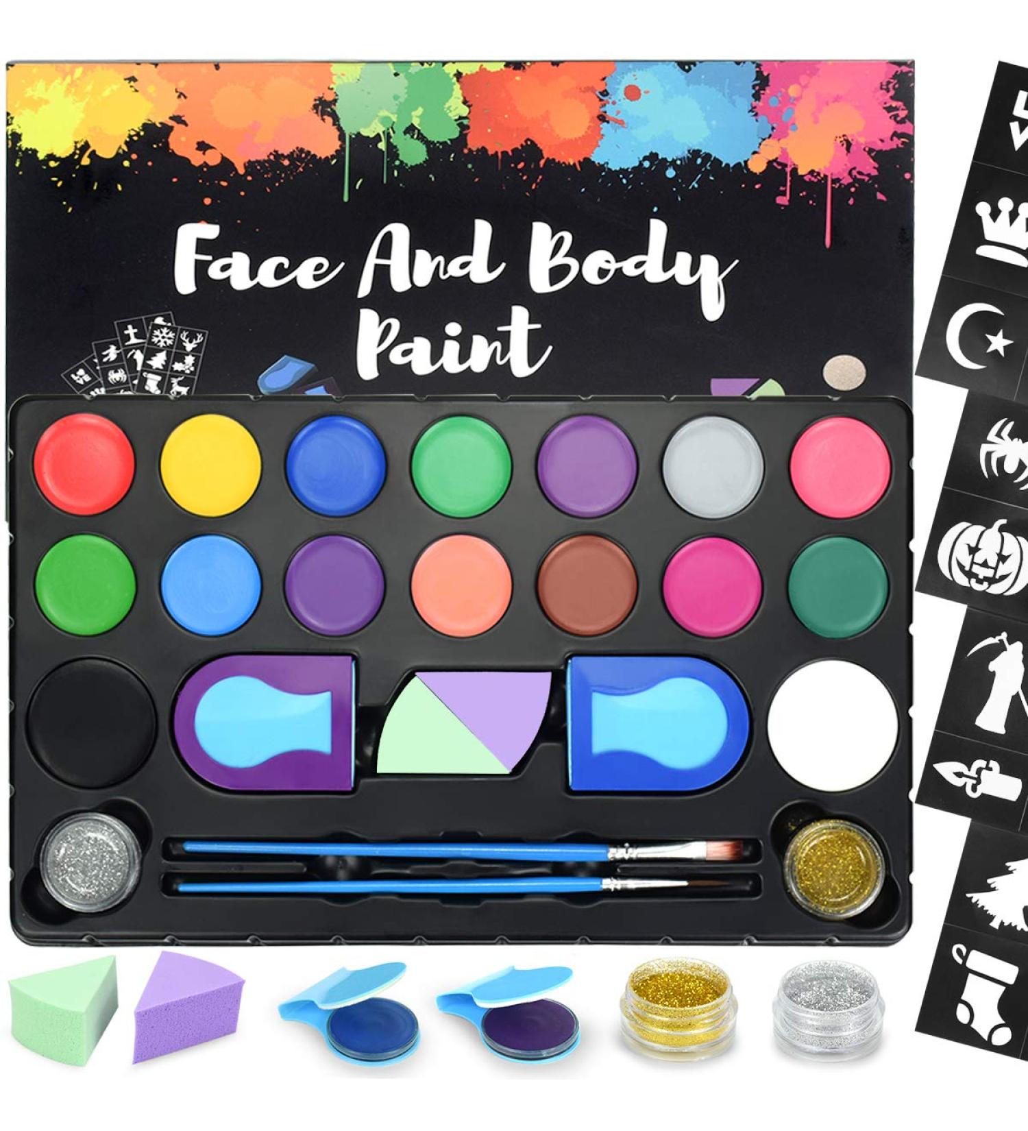 Face Paint Kit for Kids Large Water Based Paints 16 Large Water Based Paints 24 Stencils 2 Glitters Halloween Makeup Kit Face Paint Palette Face Paints Safe for Sensitive Skin (16 color) - Buy Online on SooperMarket.com
