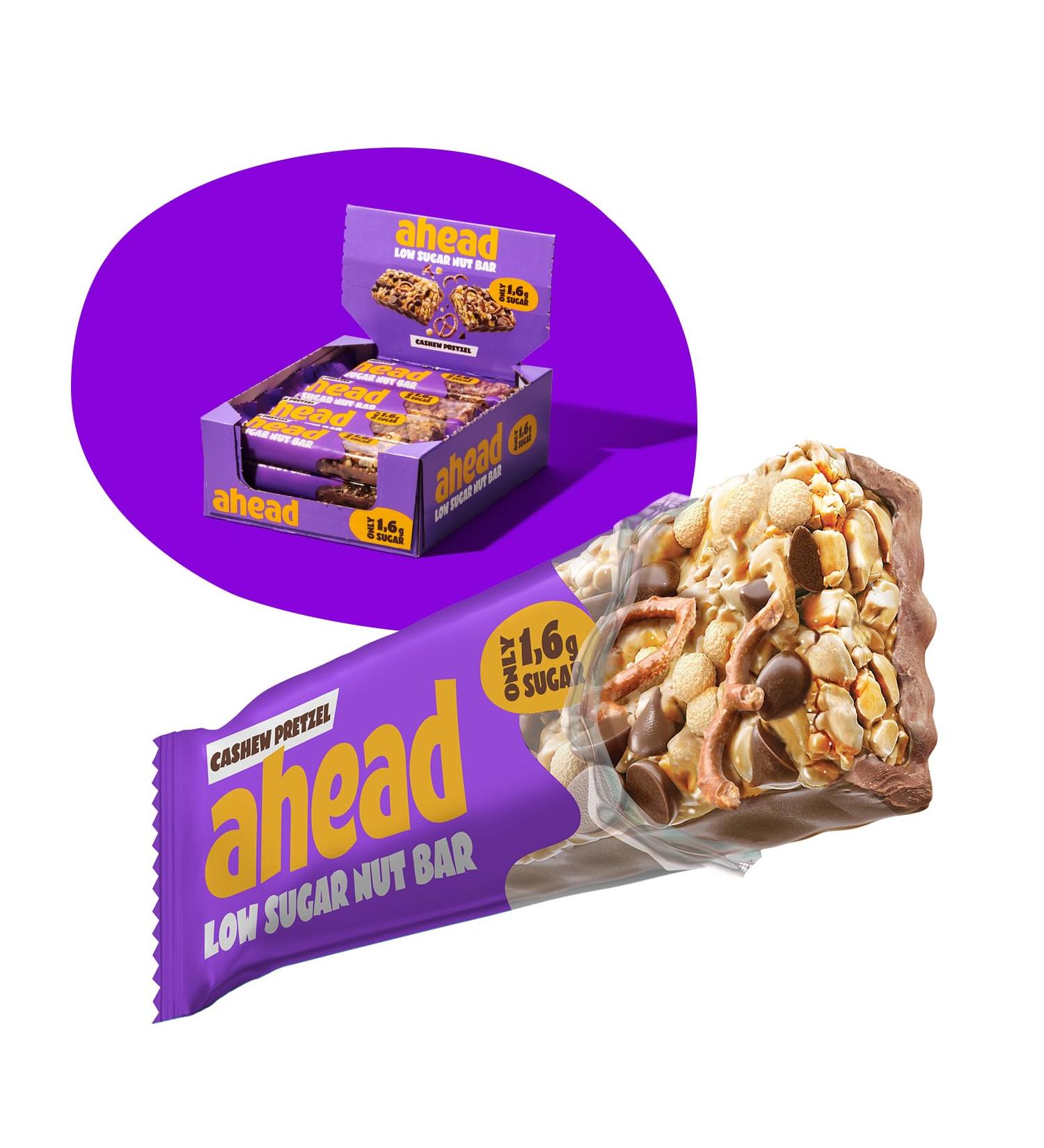 AHEAD Cereal Nut Bars 70% less Sugar* | Chocolate coated Keto Bars 0g added sugar - 12x35g - With Cashew Pretzel & Dark Chocolate - Gluten Free Keto Snacks for Diabetics Cashew Pretzel 12 count (Pack of 1) - Buy Online on SooperMarket.com