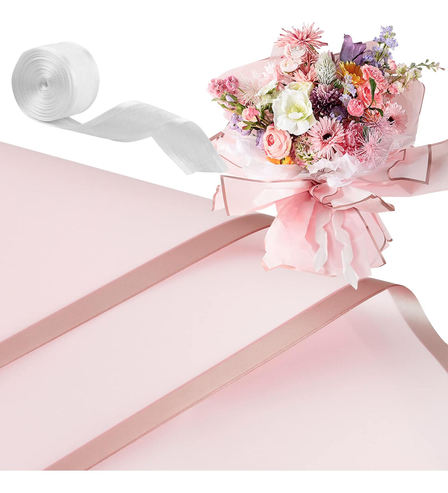 LEMEOSO 20 Sheets Flower Wrapping Paper with Ribbon | Waterproof Floral Bouquet Supplies for Wedding, Birthday & DIY Crafts | 22.8x22.8 Inch (Pink) - Buy Online on SooperMarket.com