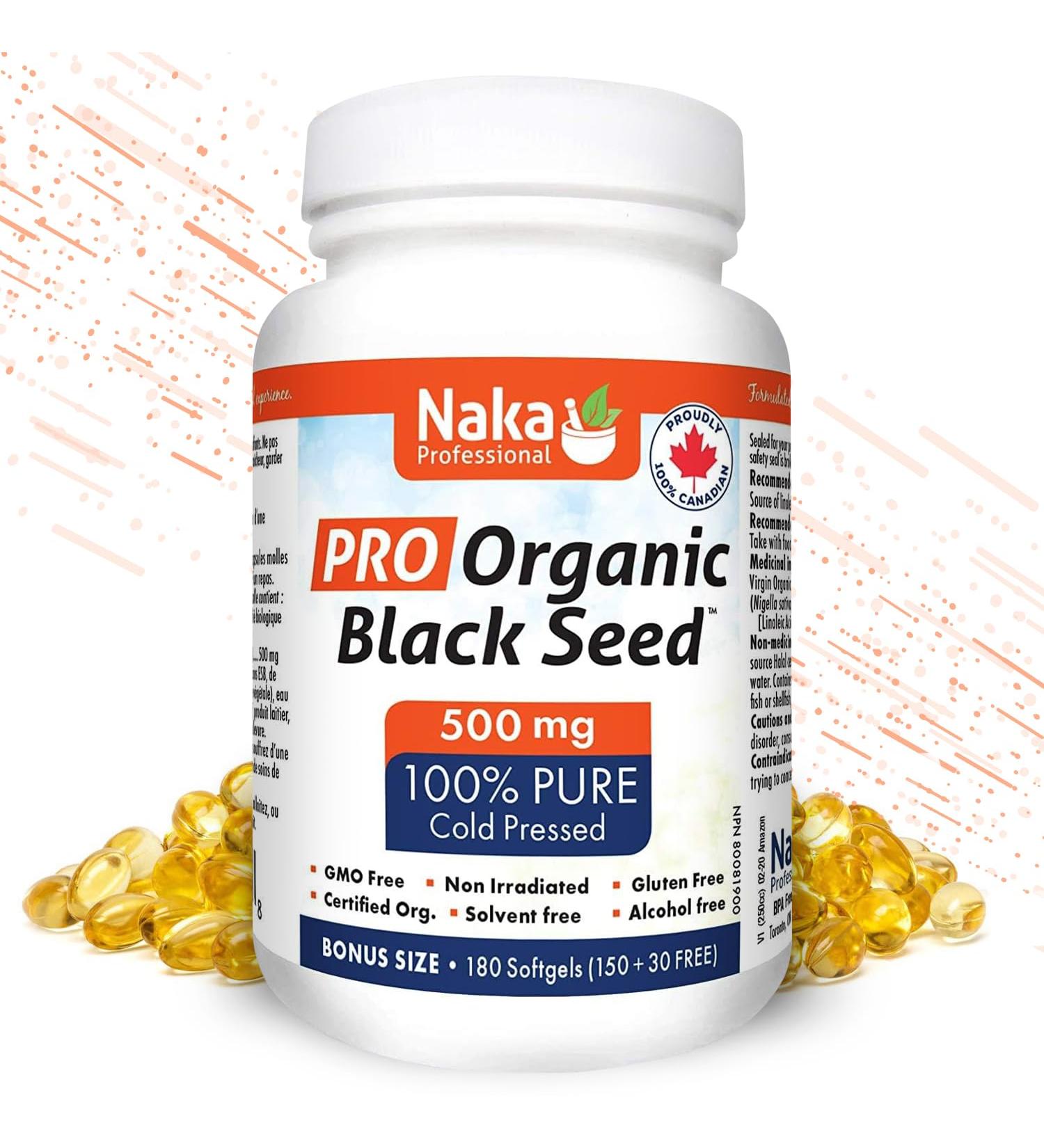 Naka PRO ORGANIC Black Cumin Seed Oil Super BONUS SIZE - 180 Softgels (150 + 30 FREE) 500 mg 100% Cold Pressed with Thymoquinone solvent free alcohol free non Irradiated GMO free - Buy Online on SooperMarket.com