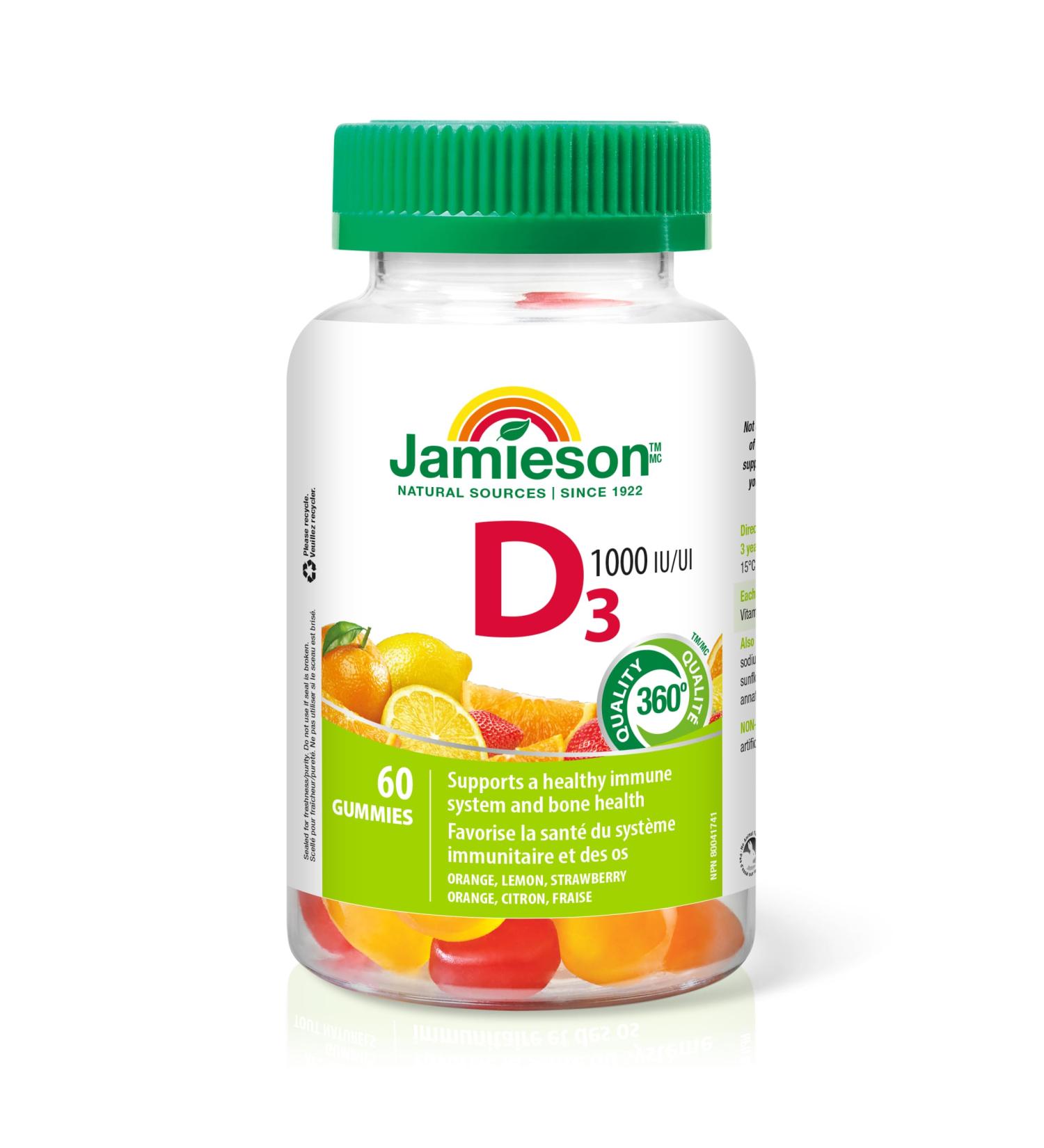 Jamieson Vitamin D3 1 000 IU Gummies - Orange Strawberry Lemon Flavour 60 Gummies 60 count (Pack of 1) - Buy Online on SooperMarket.com