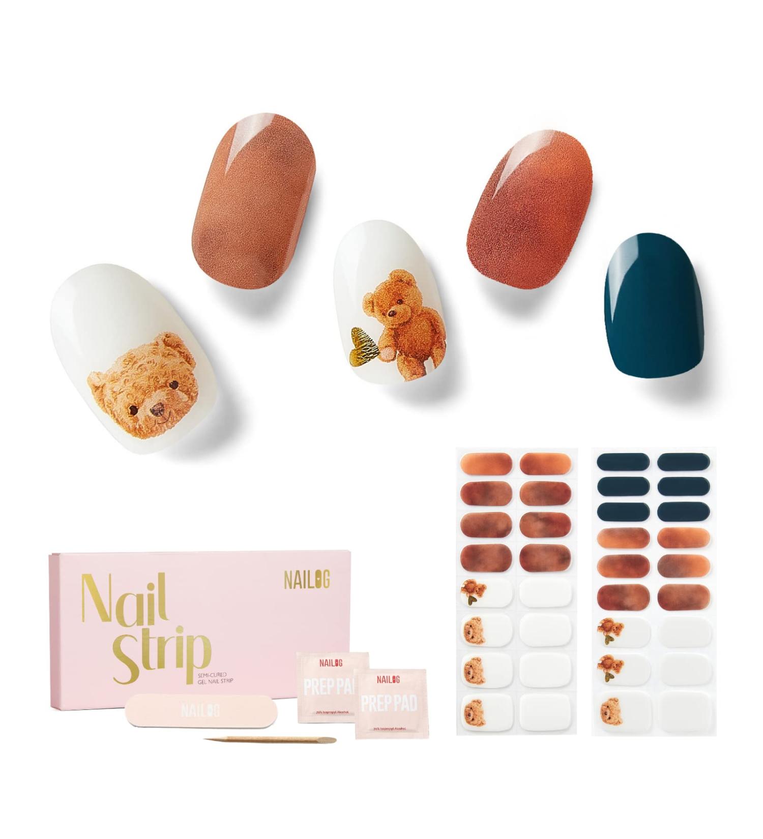 NAILOG Semi Cured Gel Nail Strips 34 pcs Salon-Quality Gel Nail Stickers Long Lasting Nail Wraps for Women with Soft Gel Finish Animal Print Bear with Me - Buy Online on SooperMarket.com