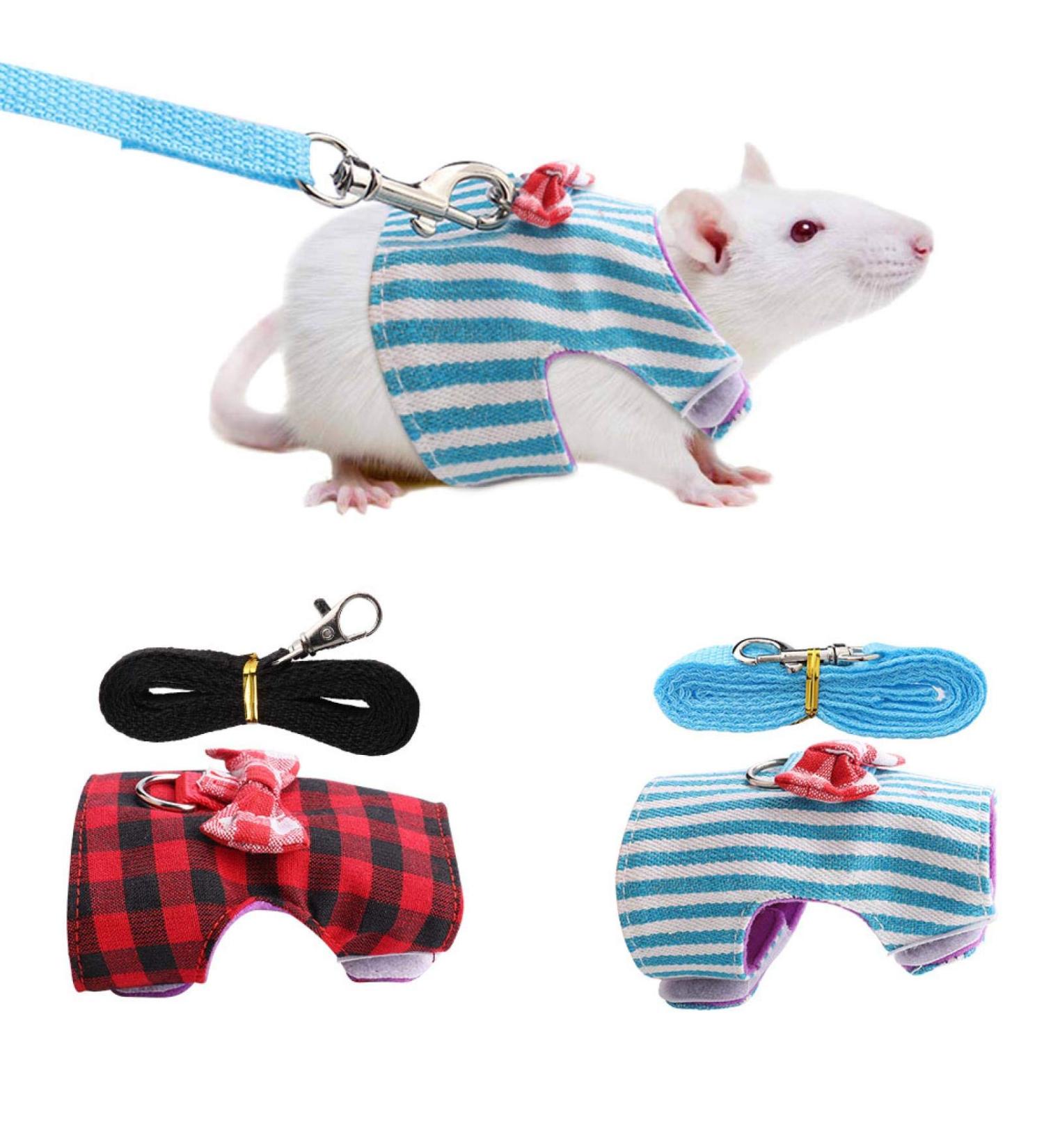 Hamster Harness and Traction Rope 2 Pieces Small Pet Harness with Bowknot Decor Small Animal Outdoor Walking Traction Rope Vest for Ferret Guinea Pig Iguana Rabbit Red Grid + Blue Stripes(XS) - Buy Online on SooperMarket.com